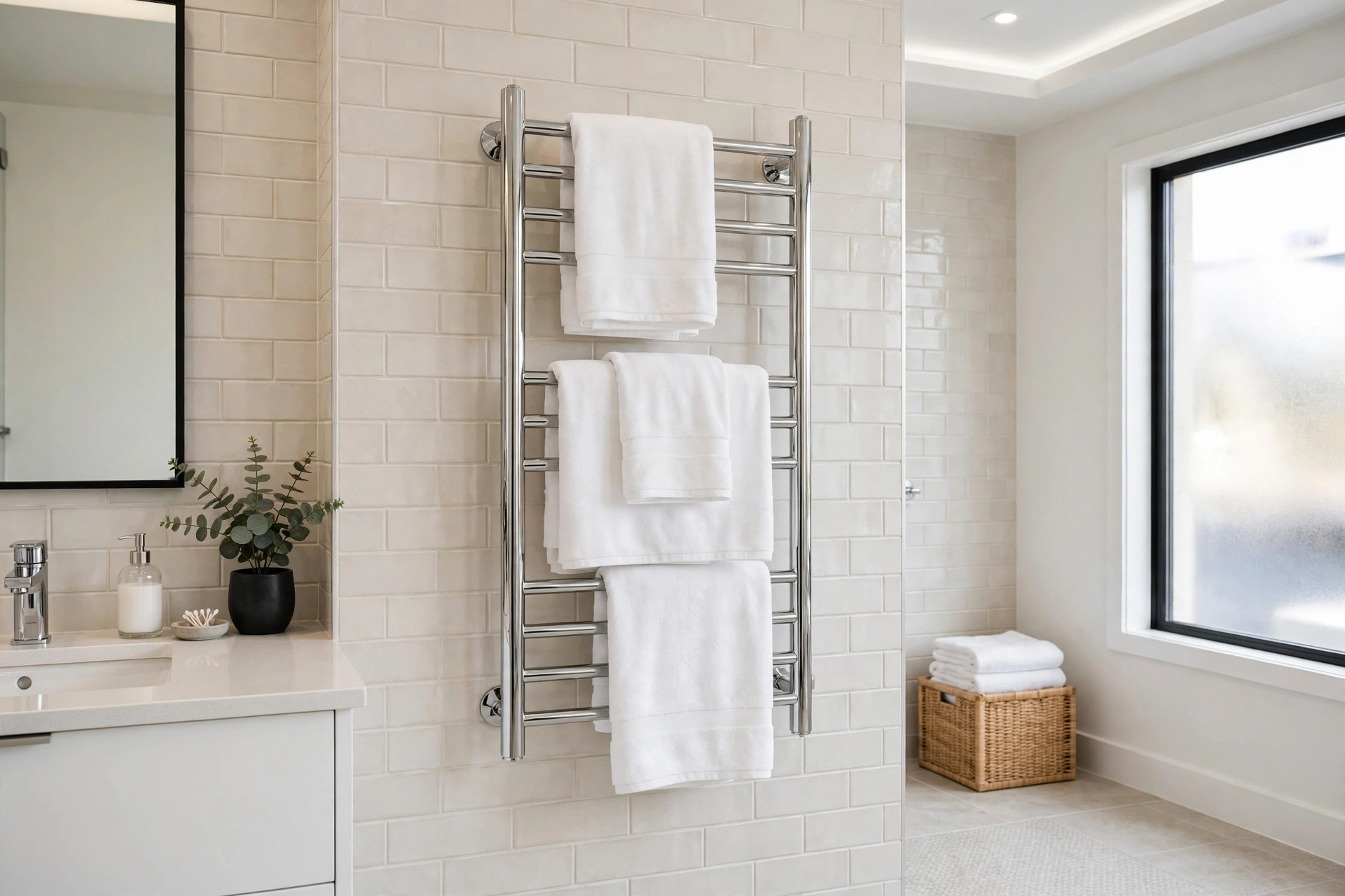 bathroom towel warmers reviews buying guide usa: Bathroom towel warmer with warm white towels in a USA home bathroom