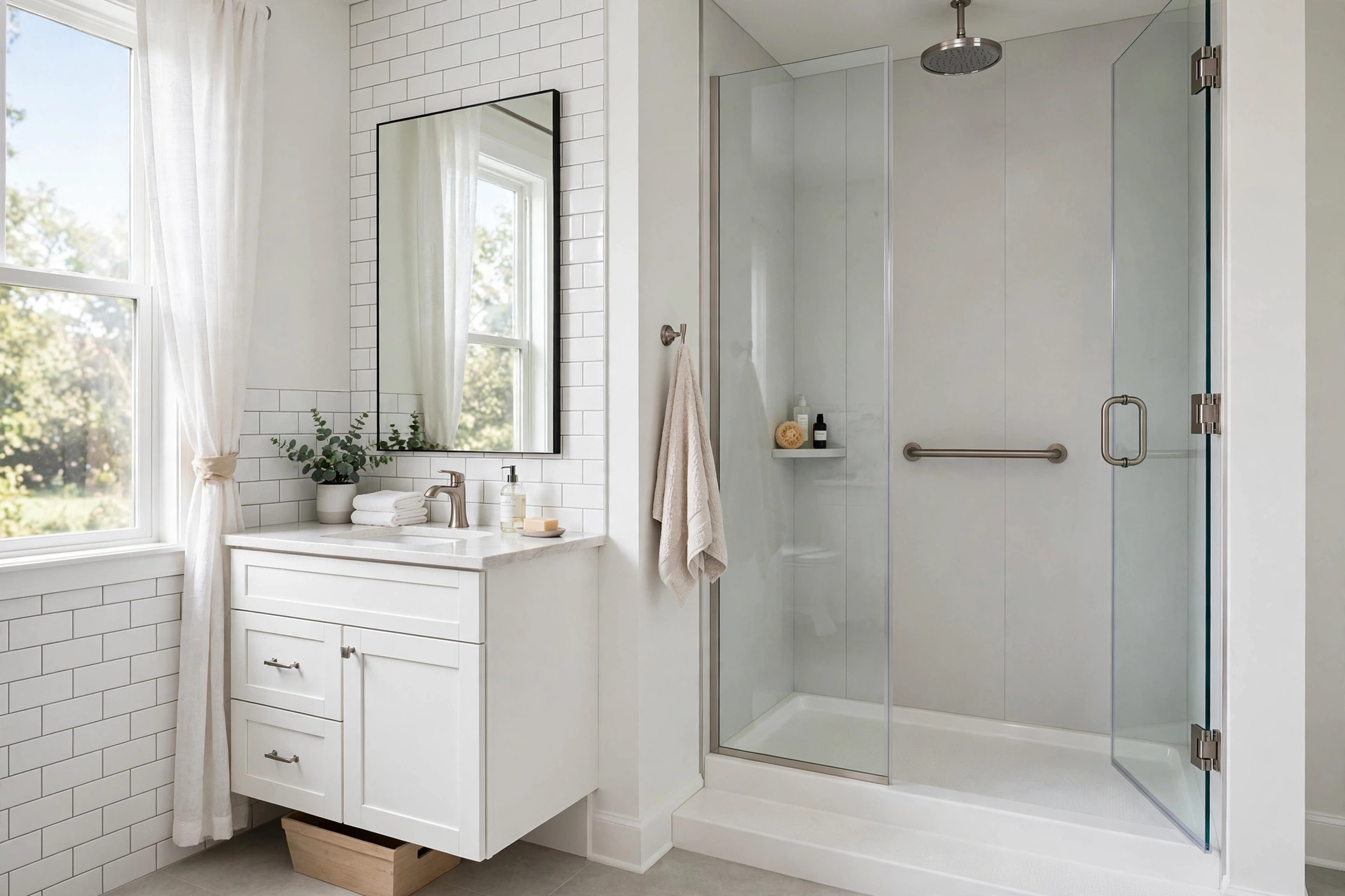 walk in shower kits where to buy usa: Walk in shower kit with glass panels in a bright American bathroom