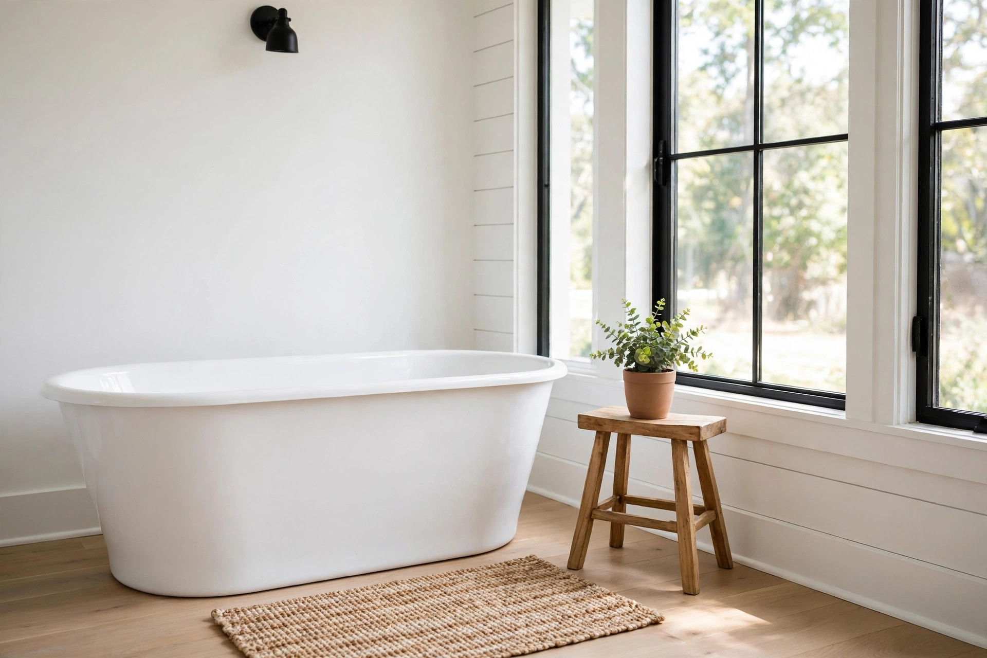 freestanding soaking tubs where to buy usa: White freestanding soaking tub in a bright American bathroom