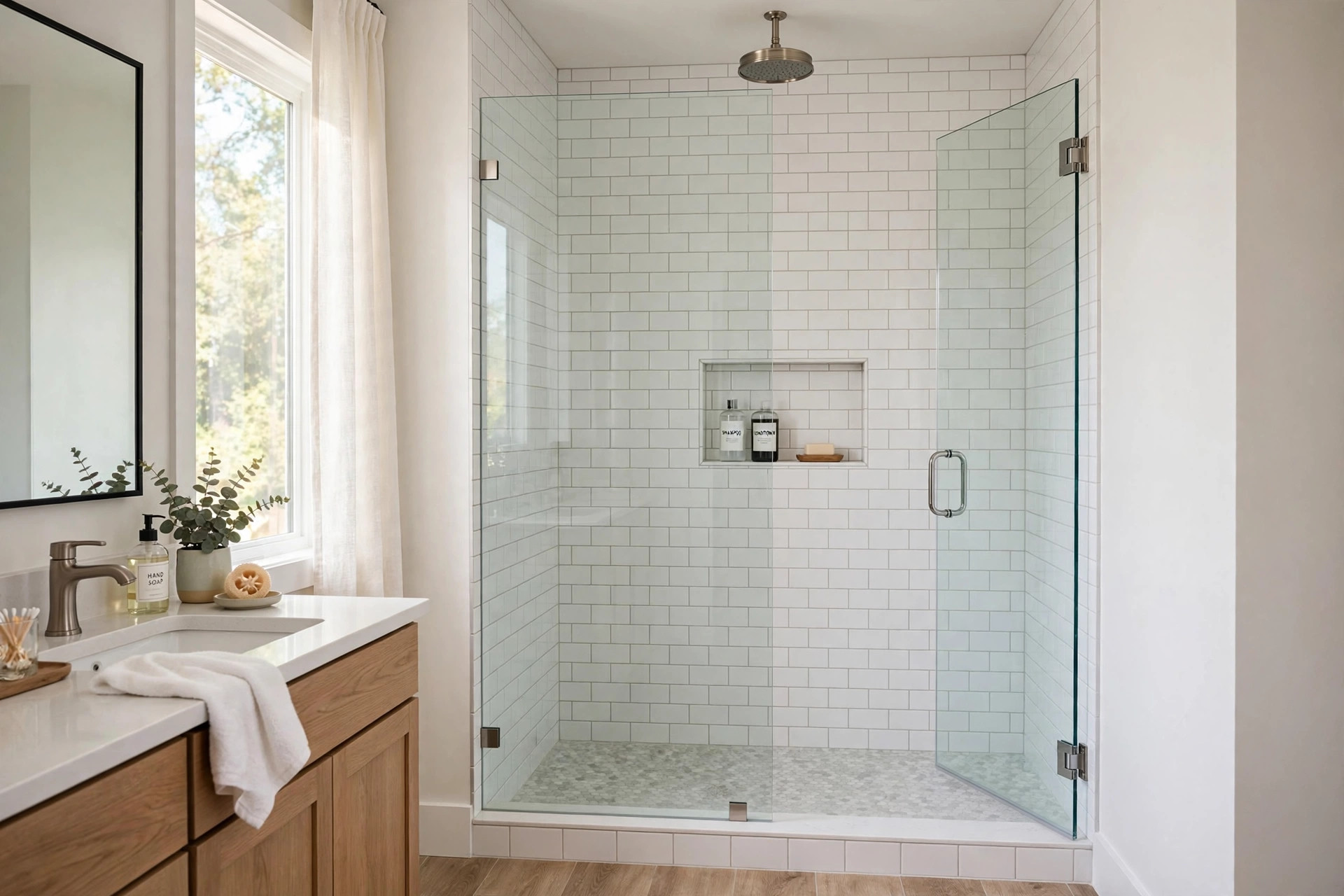 frameless shower doors where to buy usa — clear glass shower door in a tiled bathroom