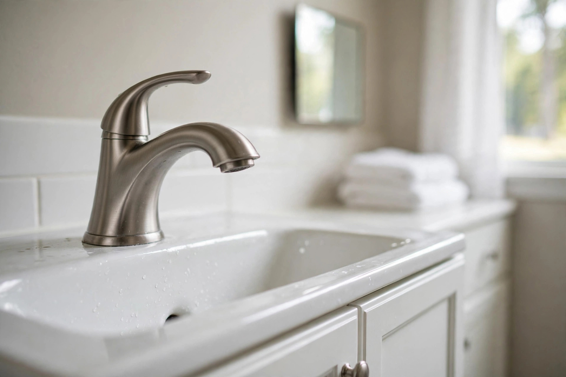 Brushed nickel faucets where to buy usa - natural photo of a brushed nickel bathroom faucet in an American home