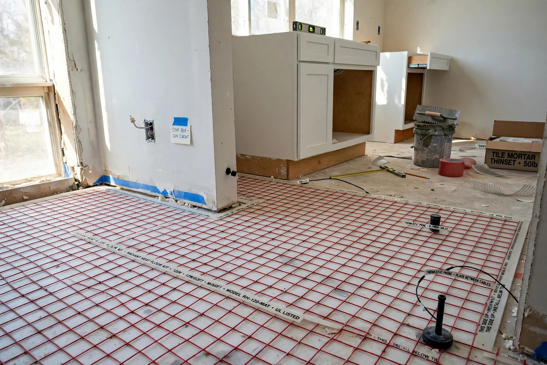 heated floor kits where to buy usa: Heated floor kit installed under bathroom tile in an American home