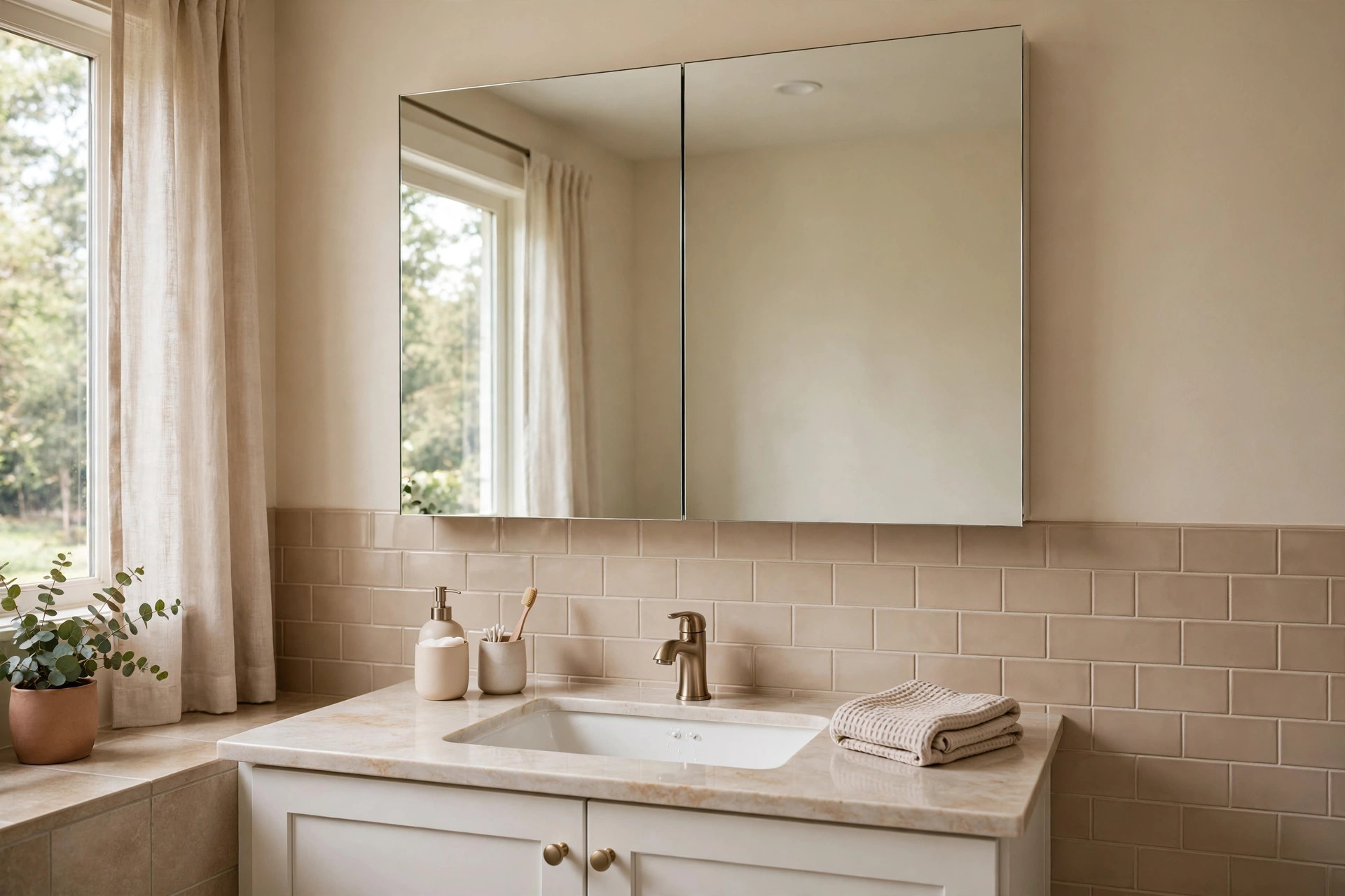 mirrored medicine cabinets where to buy usa: A mirrored medicine cabinet mounted above a bathroom vanity
