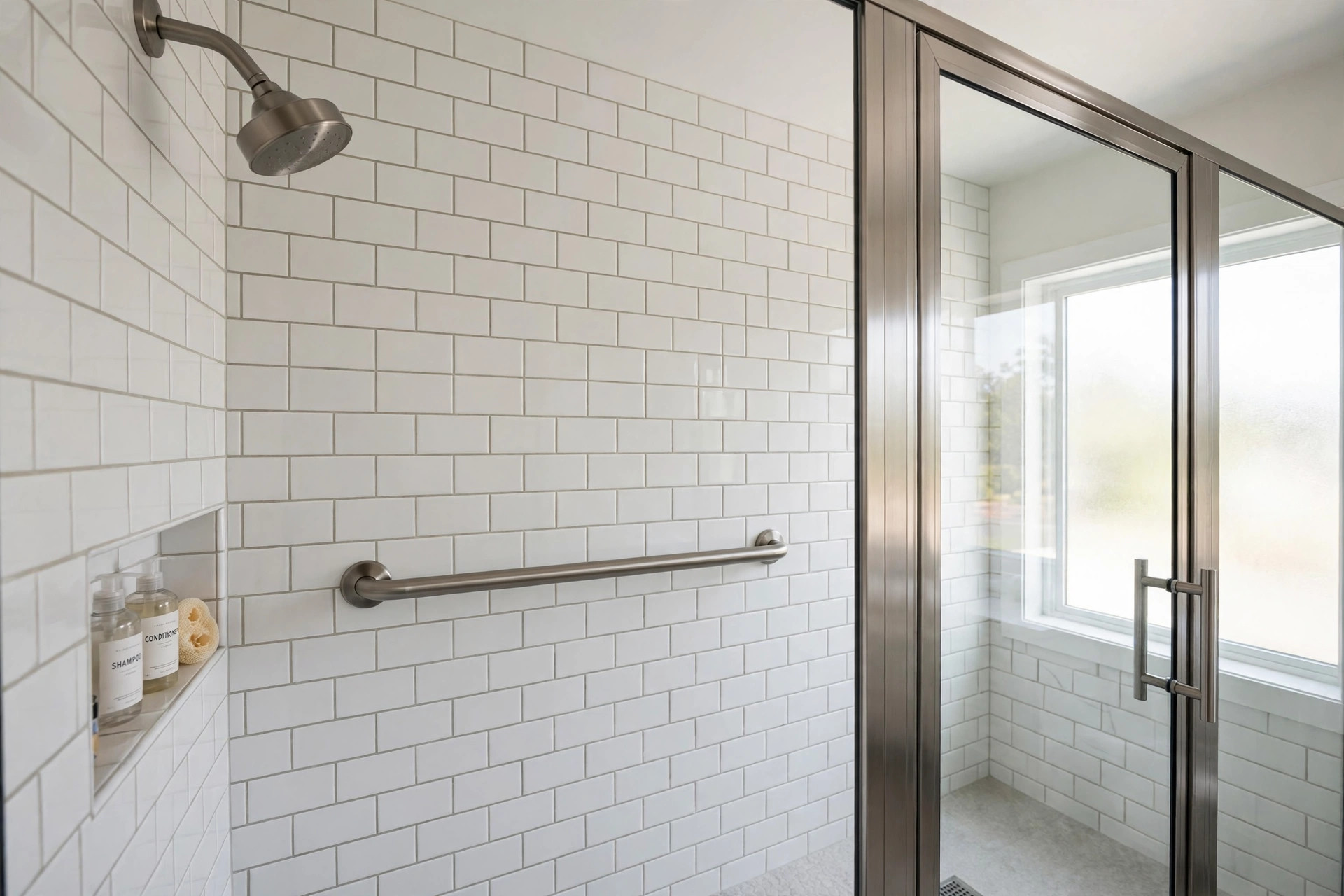 Shower grab bars where to buy usa: a brushed metal grab bar mounted on a white tiled shower wall