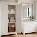bathroom linen cabinets where to buy usa: Bathroom linen cabinet with folded towels in an American home bathroom