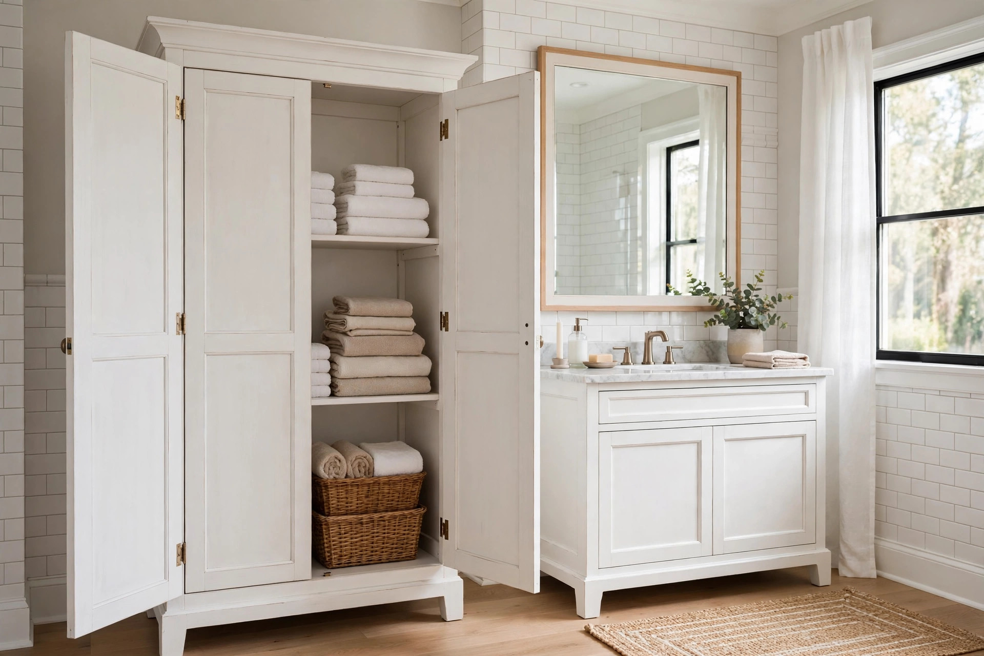 bathroom linen cabinets where to buy usa: Bathroom linen cabinet with folded towels in an American home bathroom