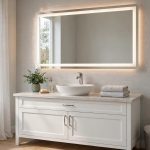 led bathroom mirrors where to buy usa: LED bathroom mirror glowing softly above a white vanity in a modern American bathroom