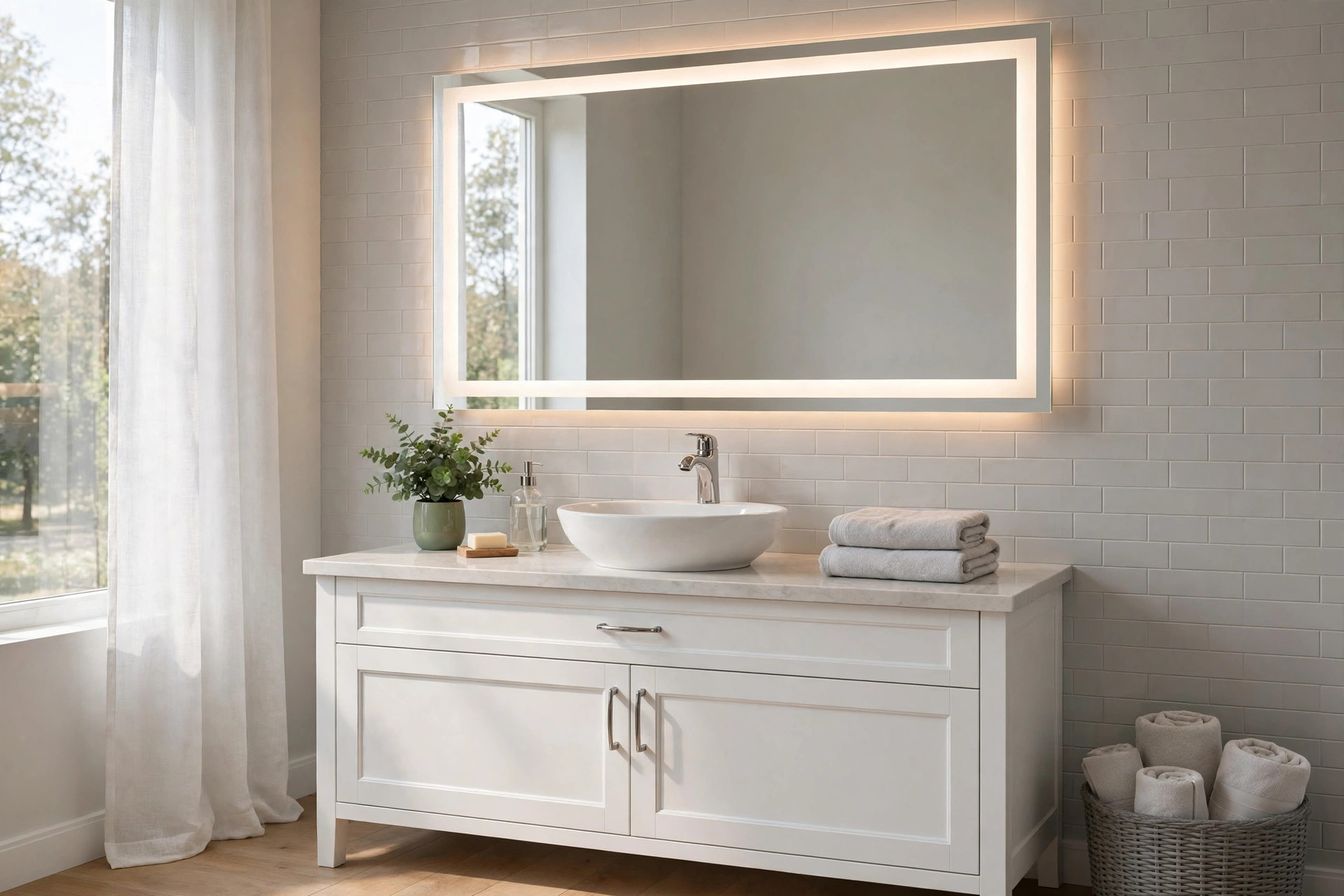 led bathroom mirrors where to buy usa: LED bathroom mirror glowing softly above a white vanity in a modern American bathroom