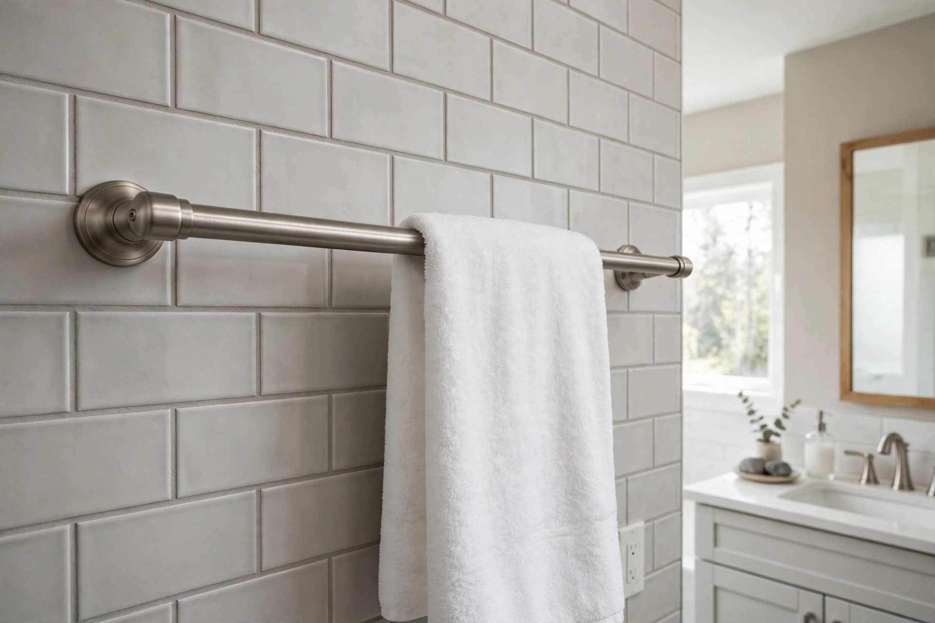 brushed towel holders where to buy usa: A brushed nickel towel bar holding folded white towels in a bright American bathroom