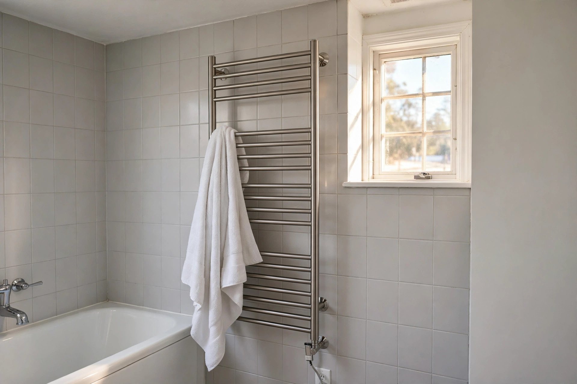 bathroom towel warmers where to buy usa: A heated towel warmer rail mounted beside a tub in a bright American bathroom