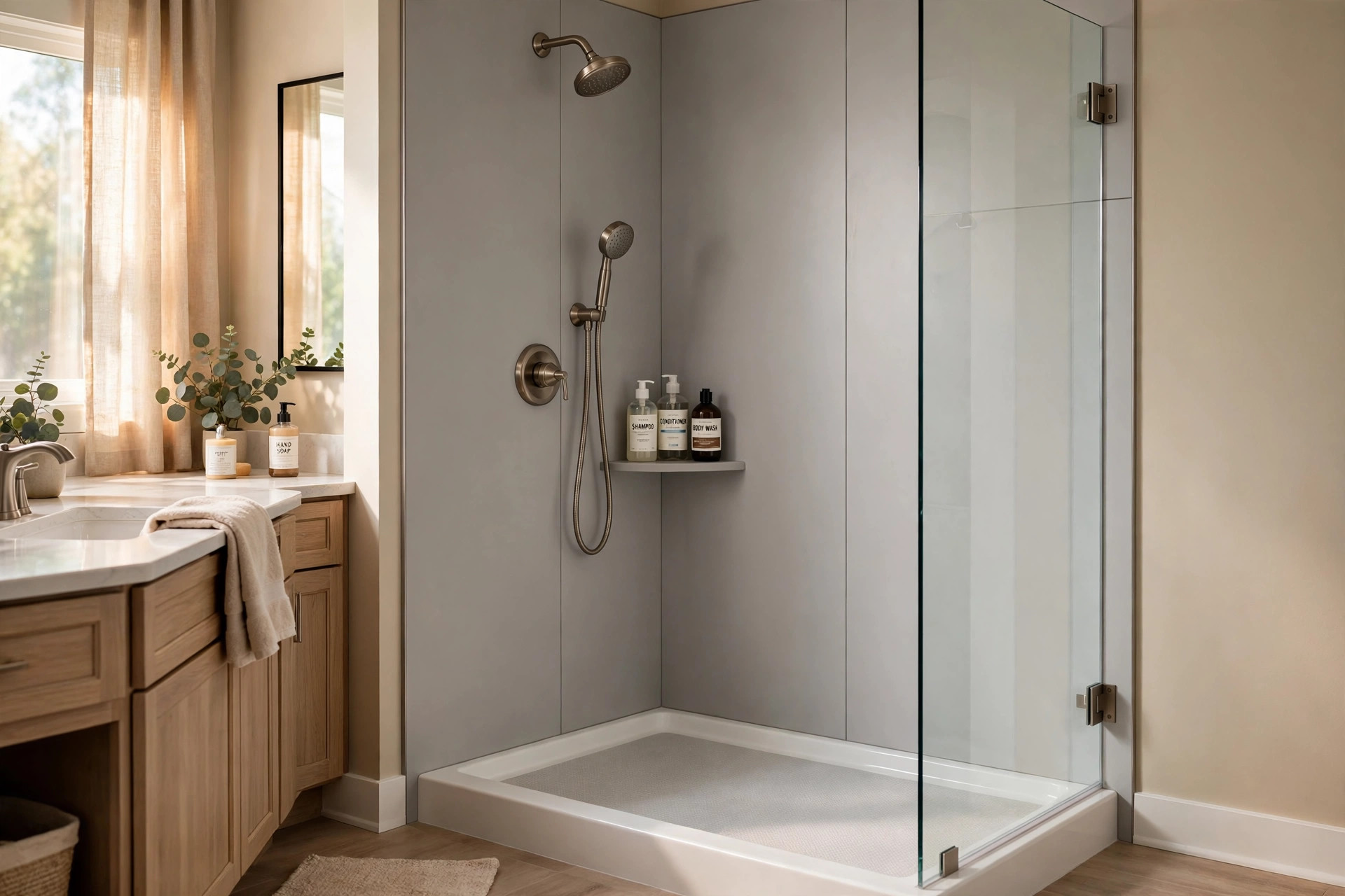 walk in shower kits texas homes usa: Walk in shower kit installed in a Texas home bathroom