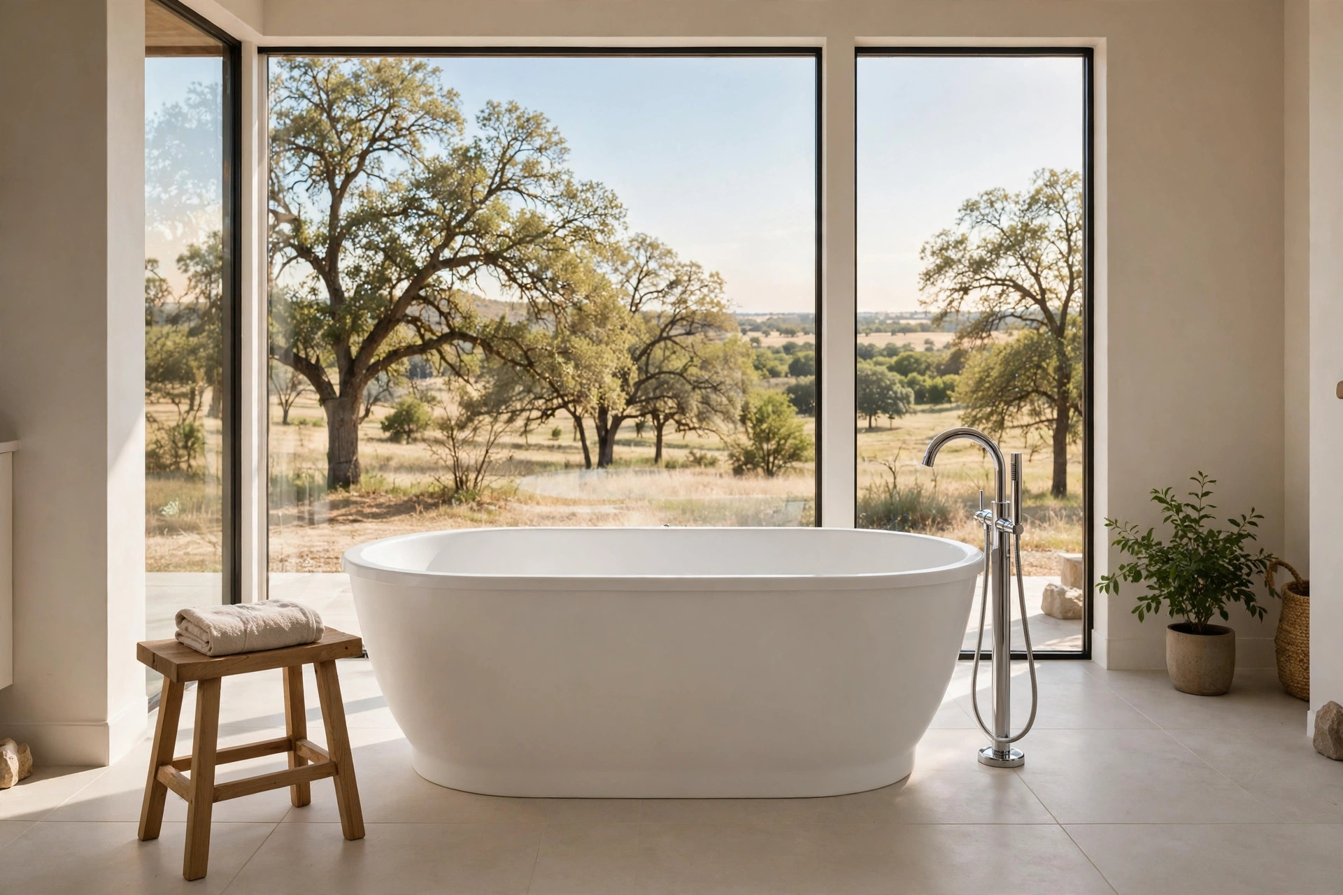 freestanding soaking tubs texas homes usa: A white freestanding soaking tub in a bright Texas bathroom