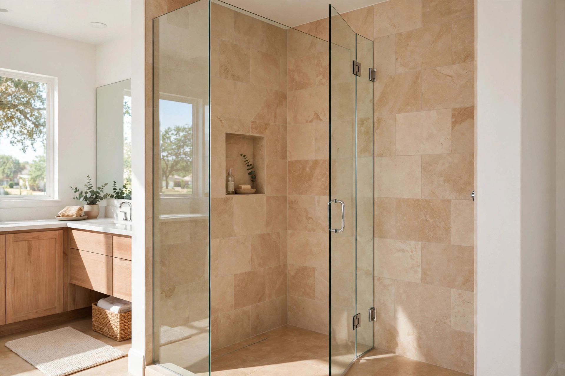 frameless shower doors texas homes usa: Frameless glass shower door in a Texas home bathroom