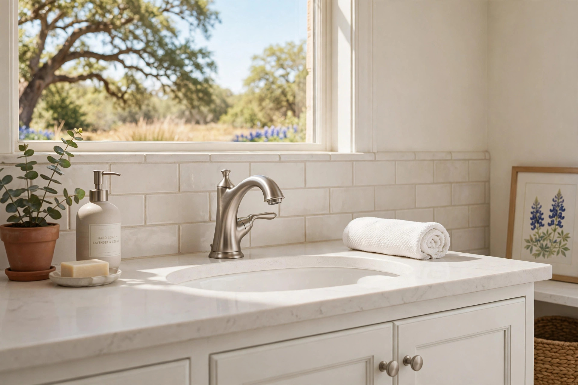 brushed nickel faucets texas homes usa: Brushed nickel bathroom faucet on a vanity in a Texas home