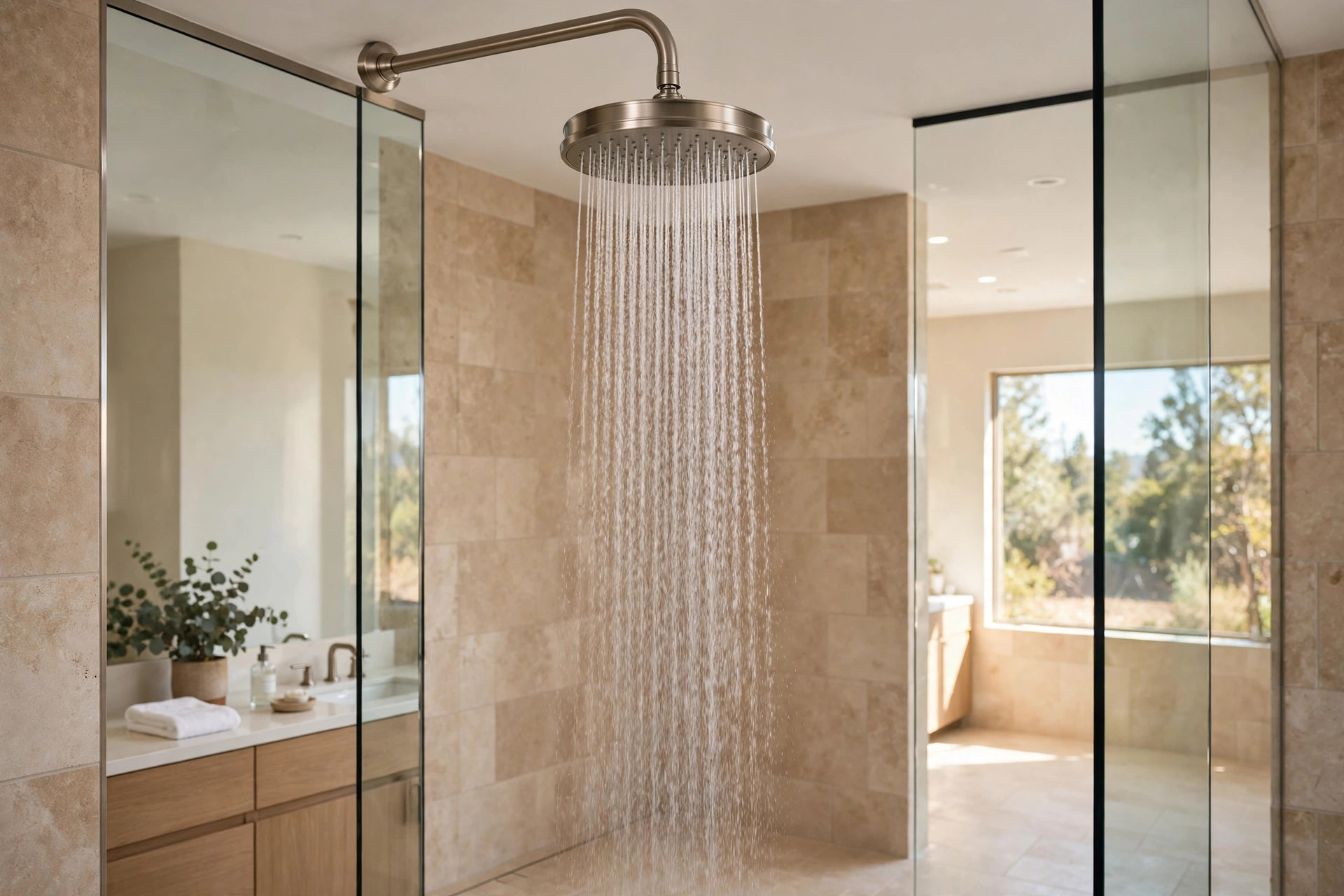 rain shower heads texas homes usa: Rain shower head mounted on a ceiling in a Texas bathroom