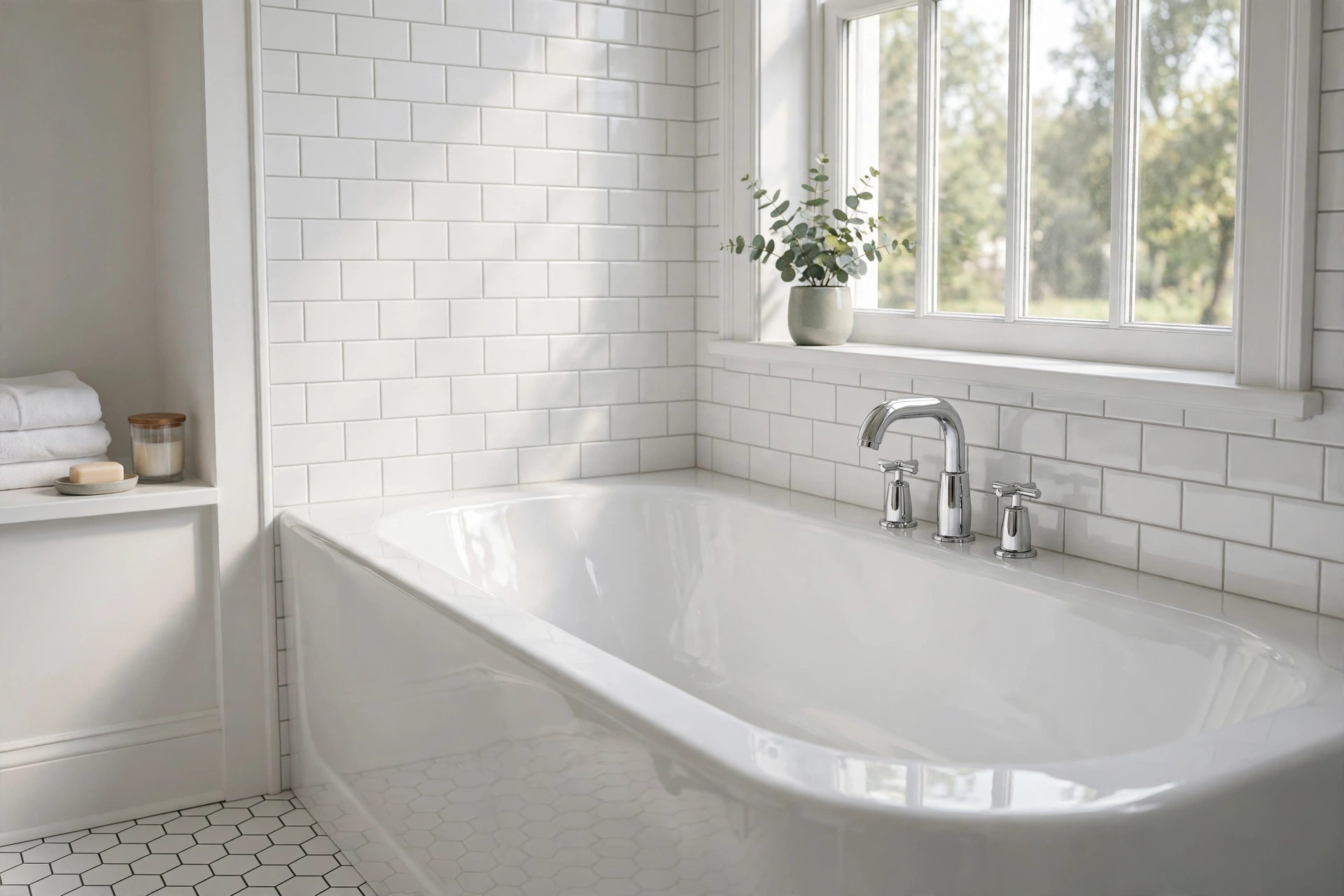 Freshly refinished white bathtub in a bright American bathroom showing bathtub refinishing kits texas homes usa results