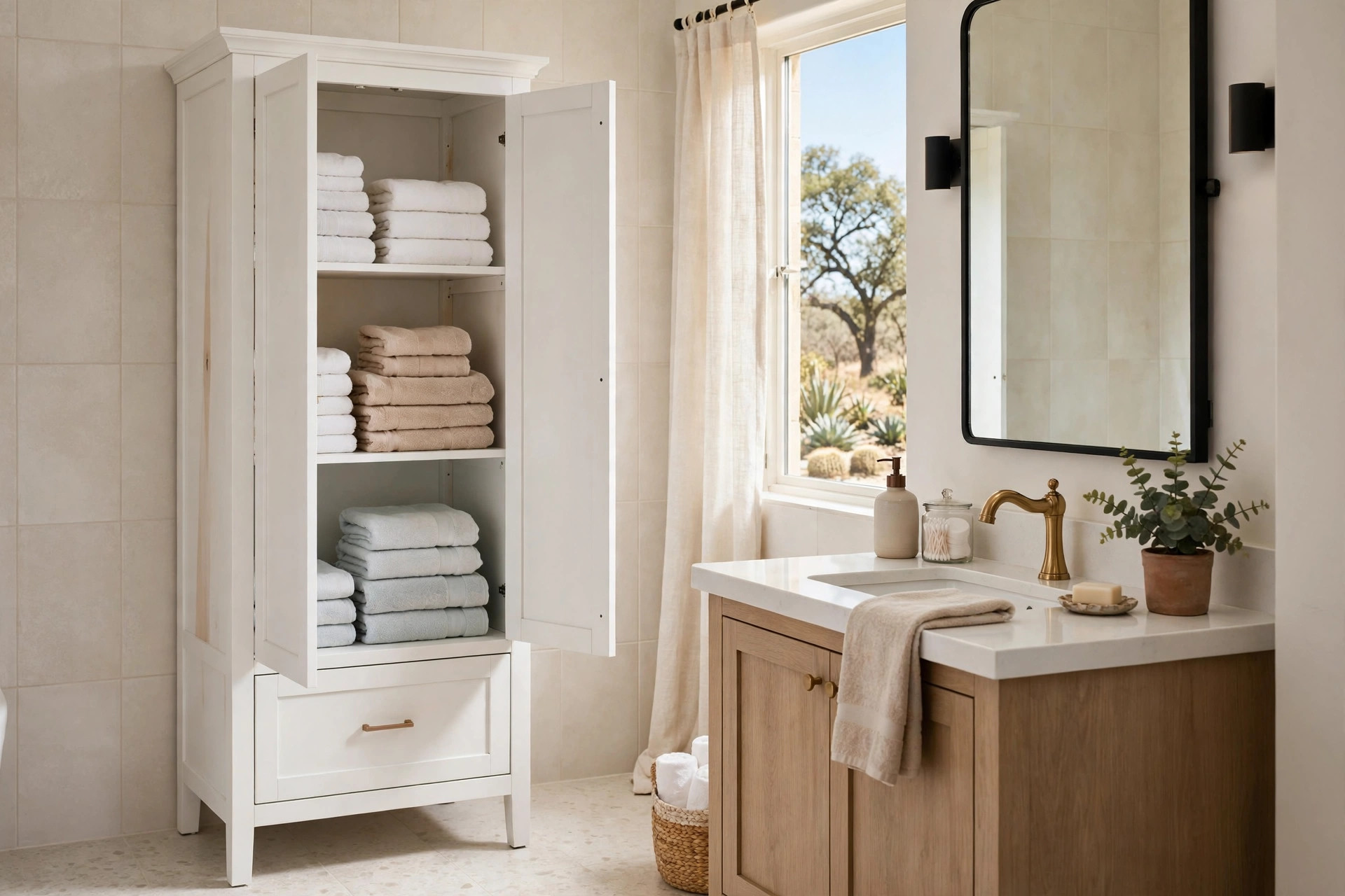 bathroom linen cabinets texas homes usa: Tall white bathroom linen cabinet in a bright Texas home bathroom