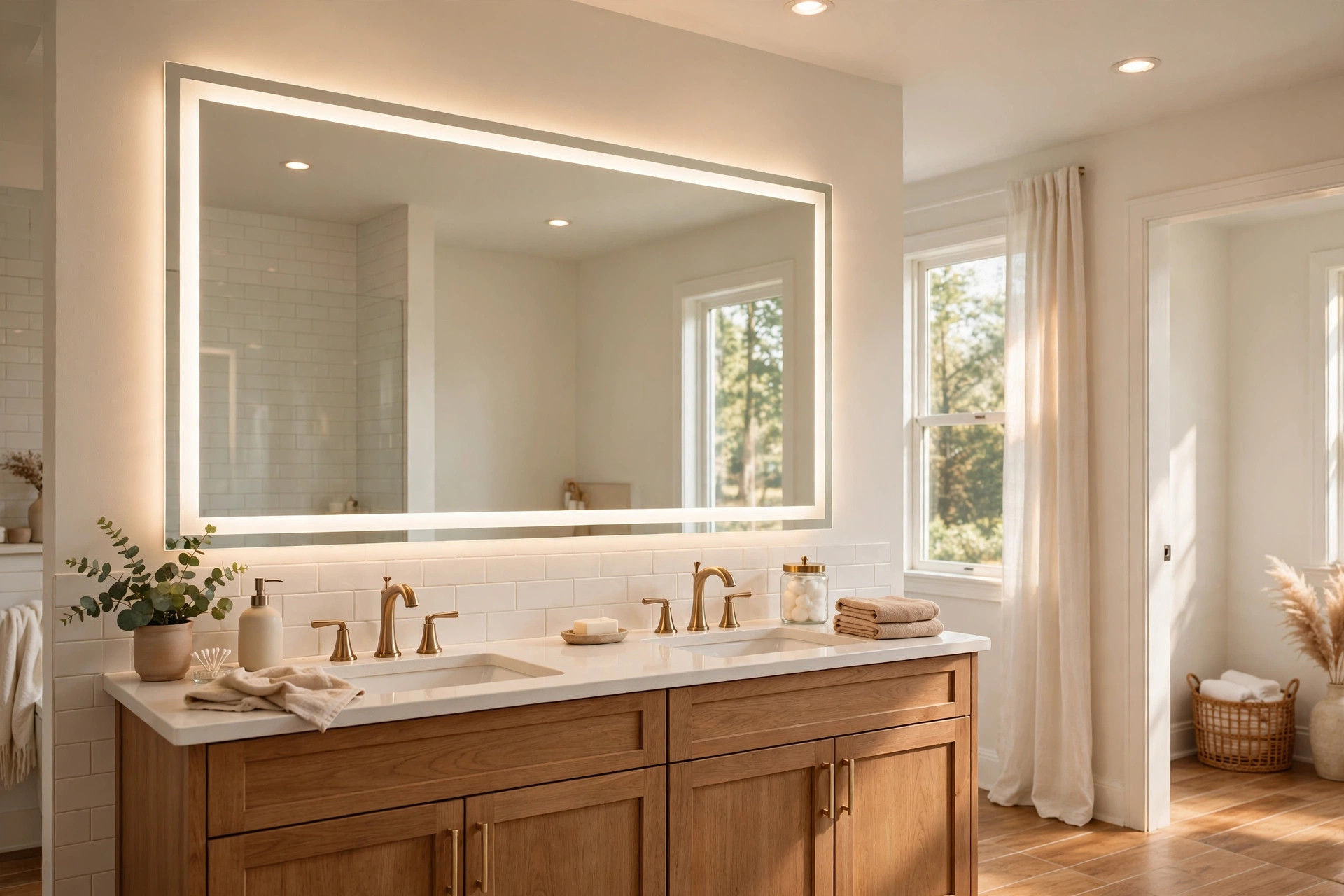 led bathroom mirrors texas homes usa: LED bathroom mirror with built-in lighting above a vanity in a Texas home bathroom
