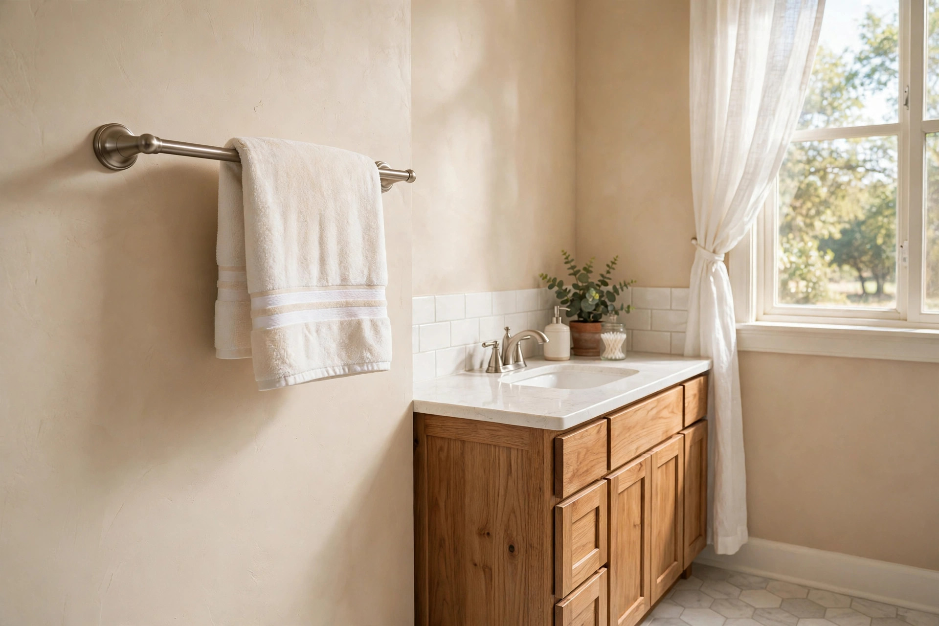 Brushed towel holders texas homes usa in a Texas bathroom