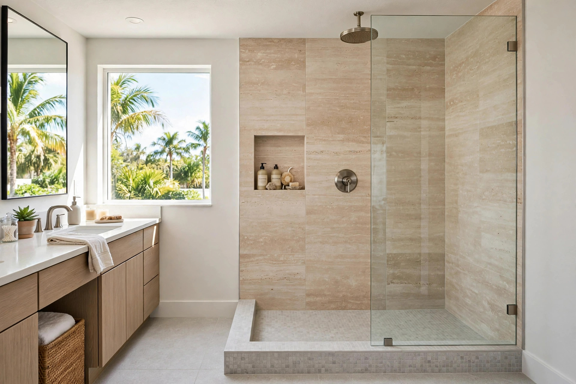 walk in shower kits florida homes usa: Walk in shower kit installed in a bright Florida bathroom