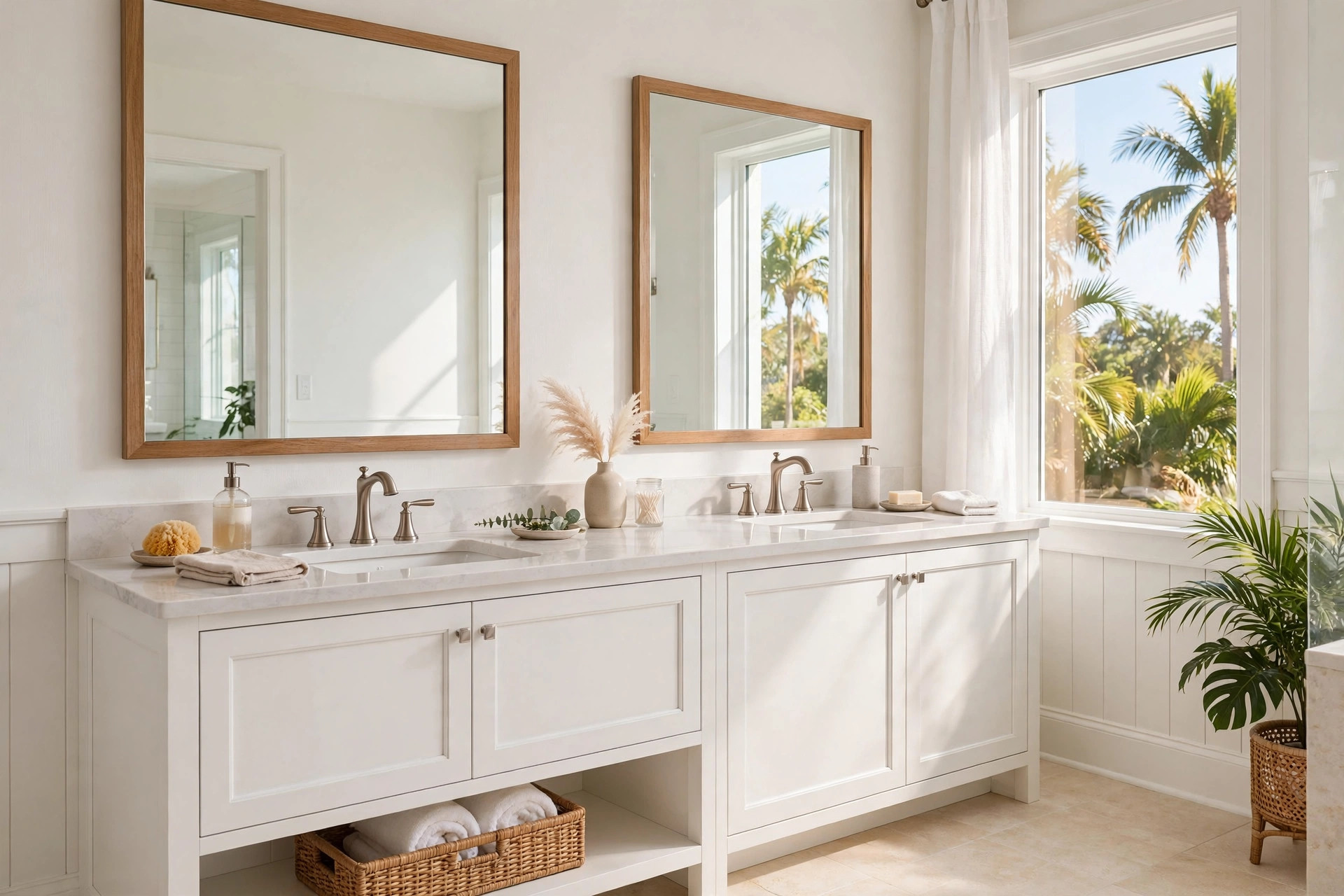double sink vanities florida homes usa: Double sink vanity with white cabinets in a bright Florida bathroom
