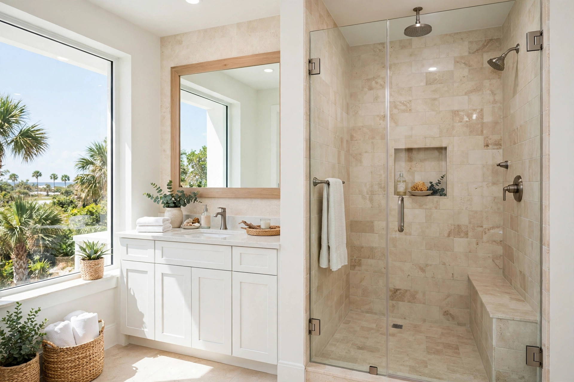 frameless shower doors florida homes usa: Frameless glass shower doors in a bright Florida bathroom