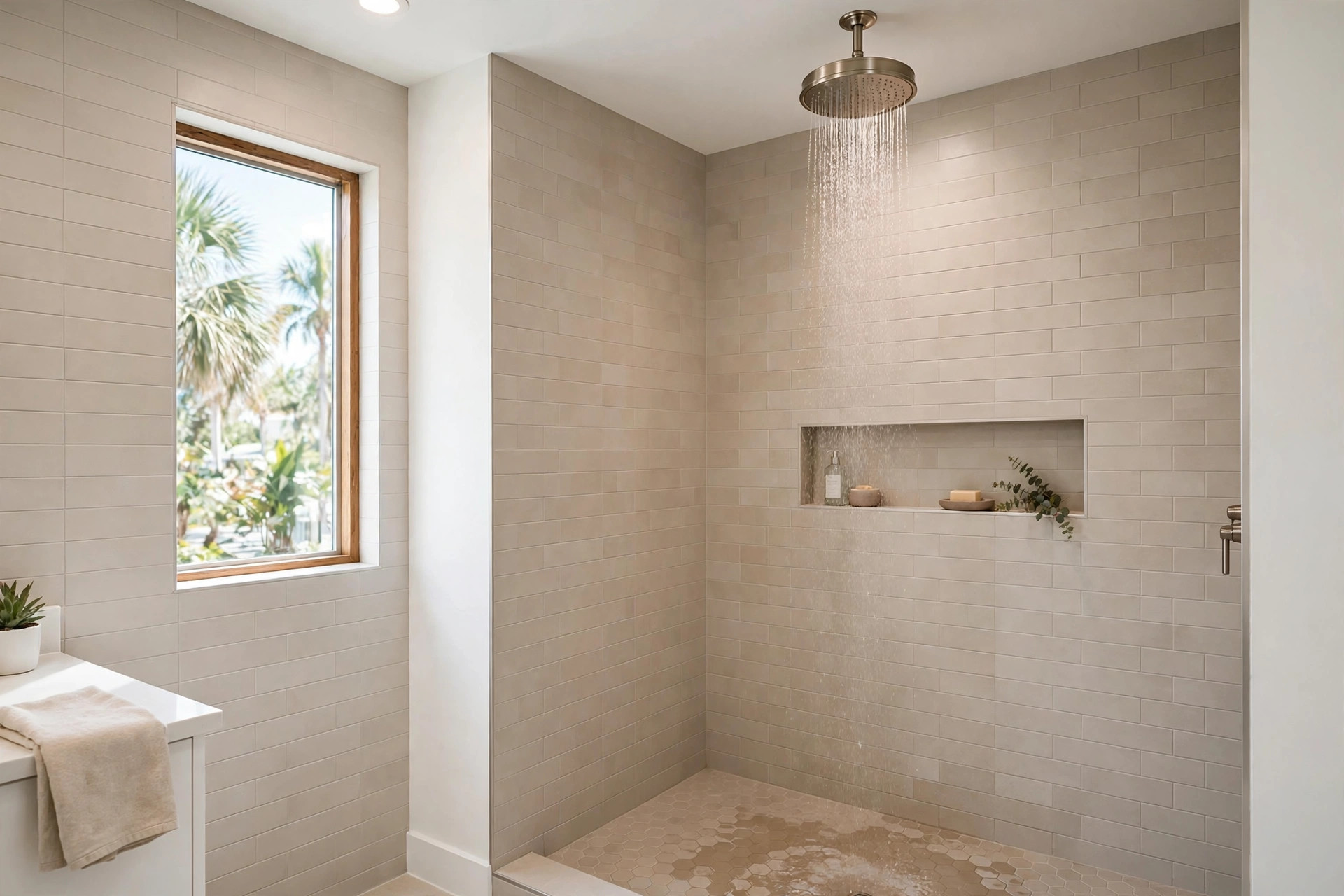 rain shower heads florida homes usa: Rain shower head mounted in a bright Florida bathroom, tile and natural light