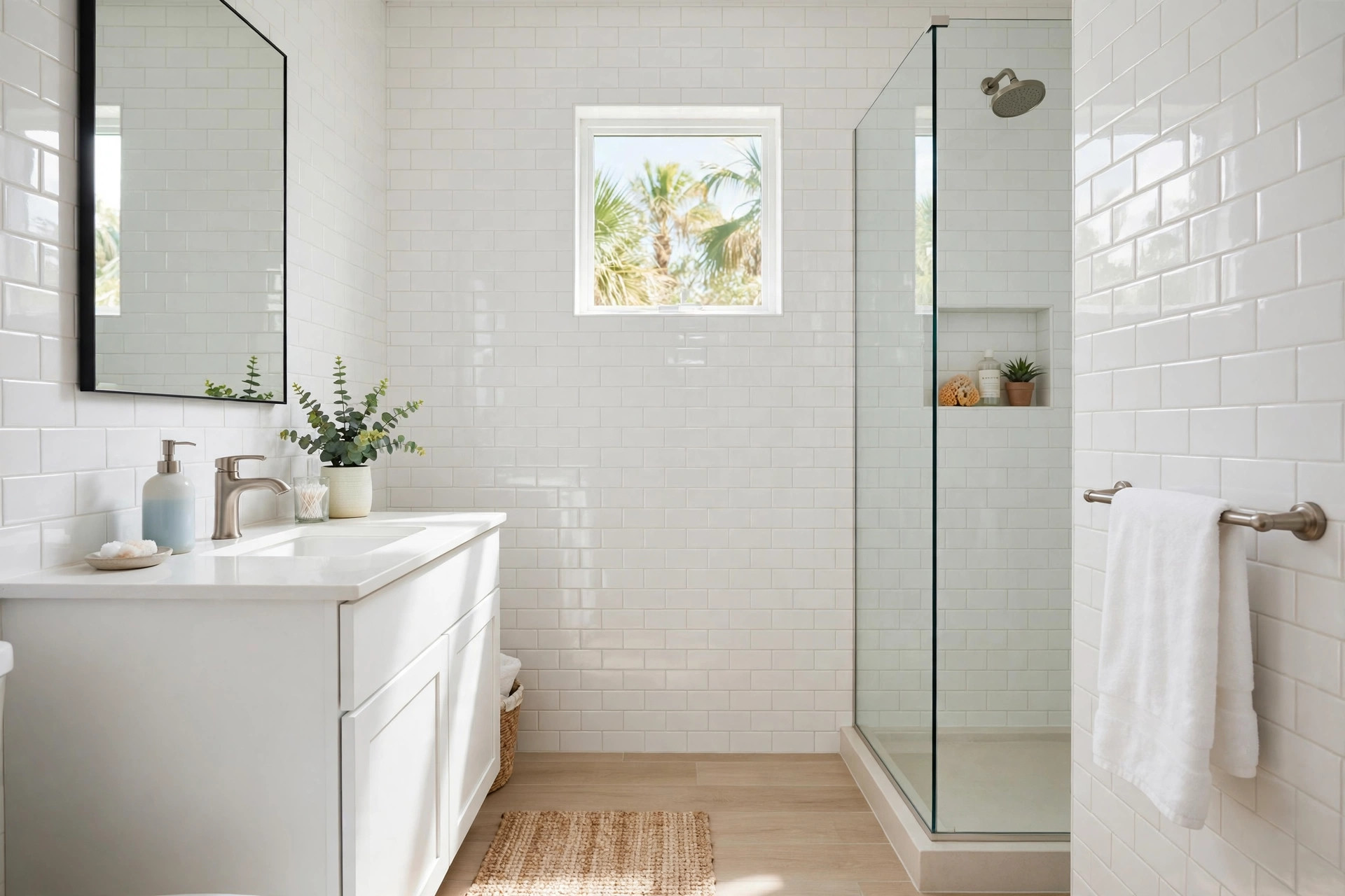 bathroom wall tiles florida homes usa: Glossy ceramic bathroom wall tiles in a bright Florida home bathroom
