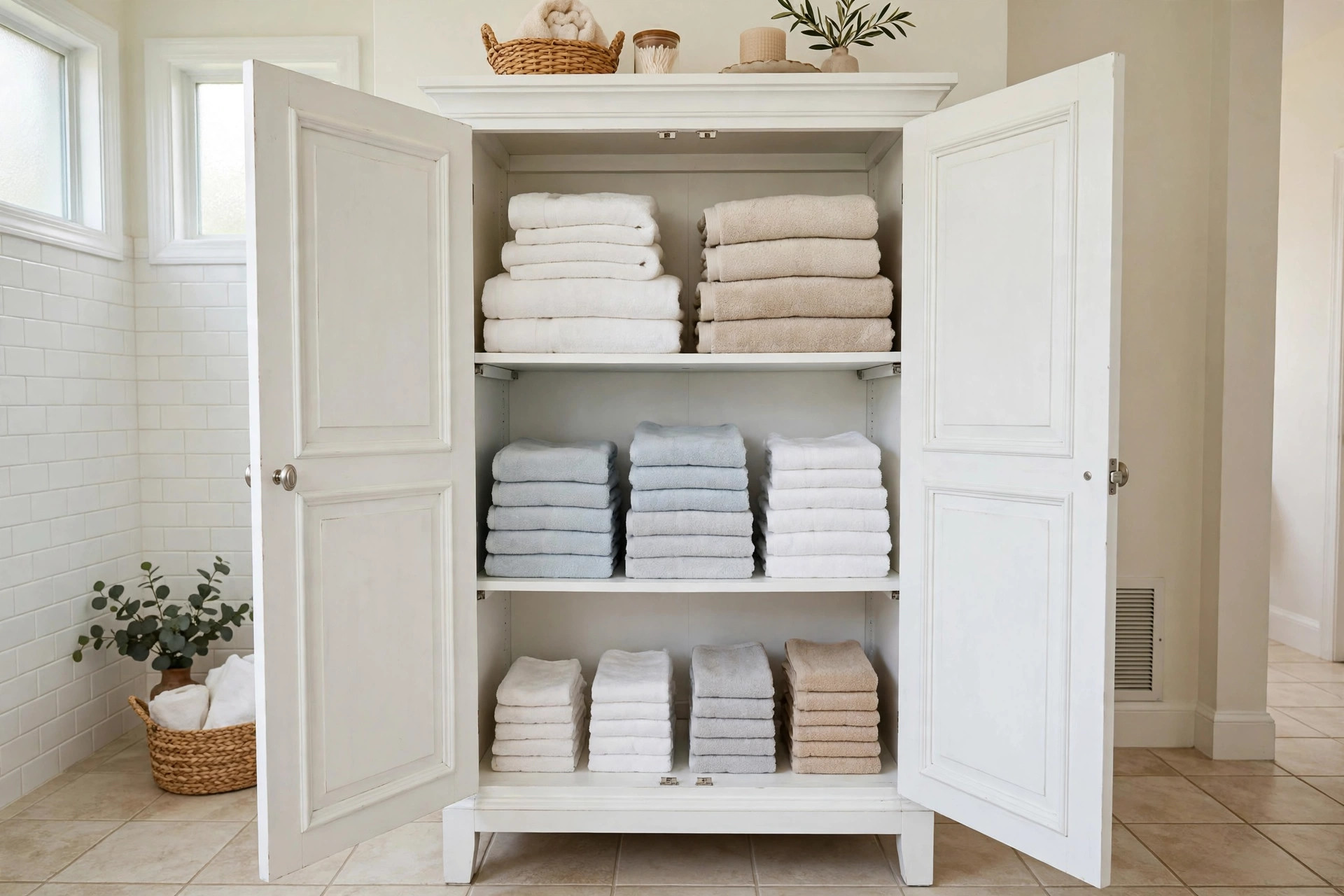 bathroom linen cabinets florida homes usa: Tall white bathroom linen cabinet with folded towels in a Florida home bathroom