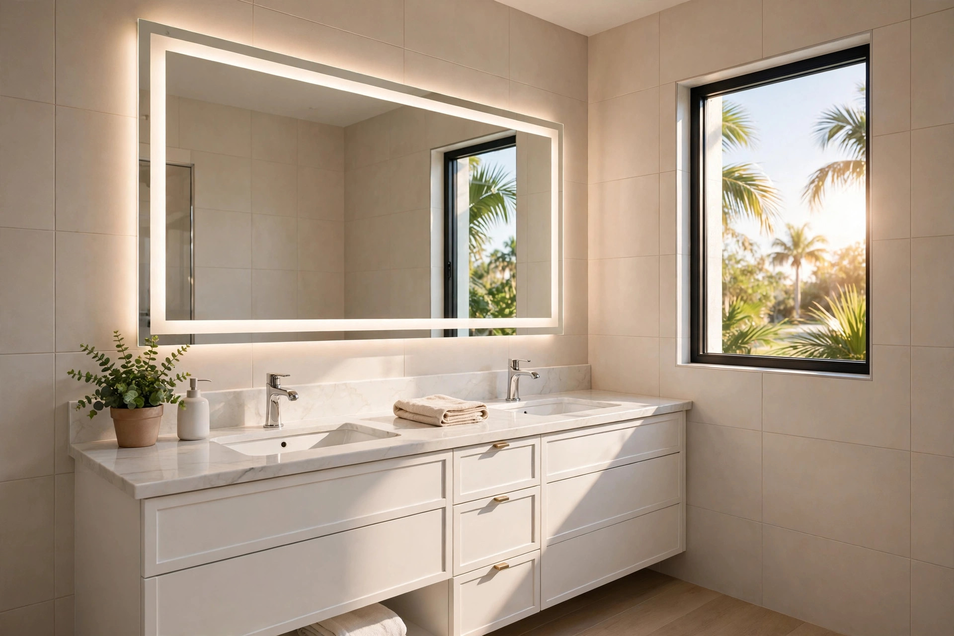 led bathroom mirrors florida homes usa: Backlit LED bathroom mirror in a Florida home bathroom