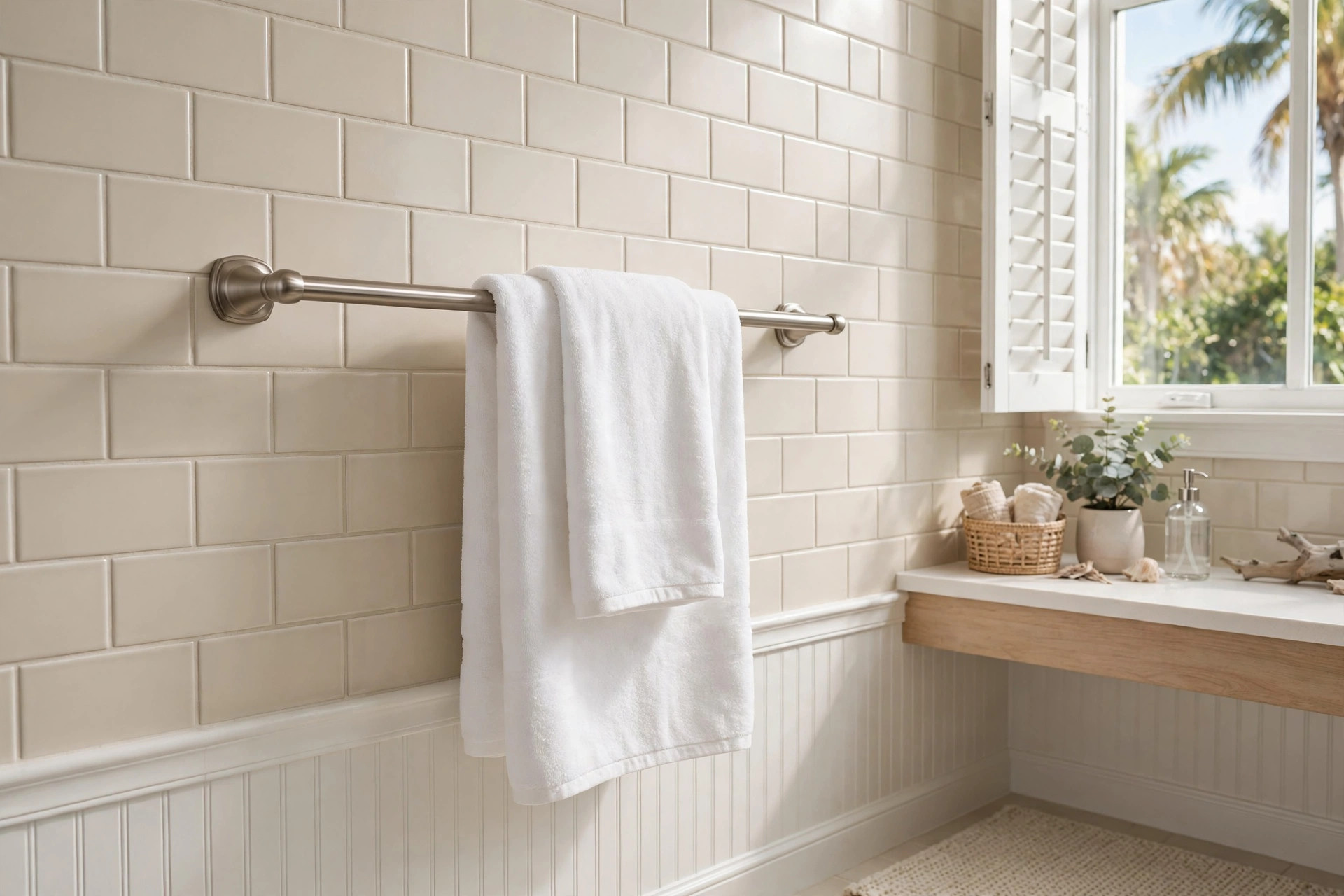 brushed towel holders florida homes usa: Brushed nickel towel bar holding a white towel in a bright Florida bathroom