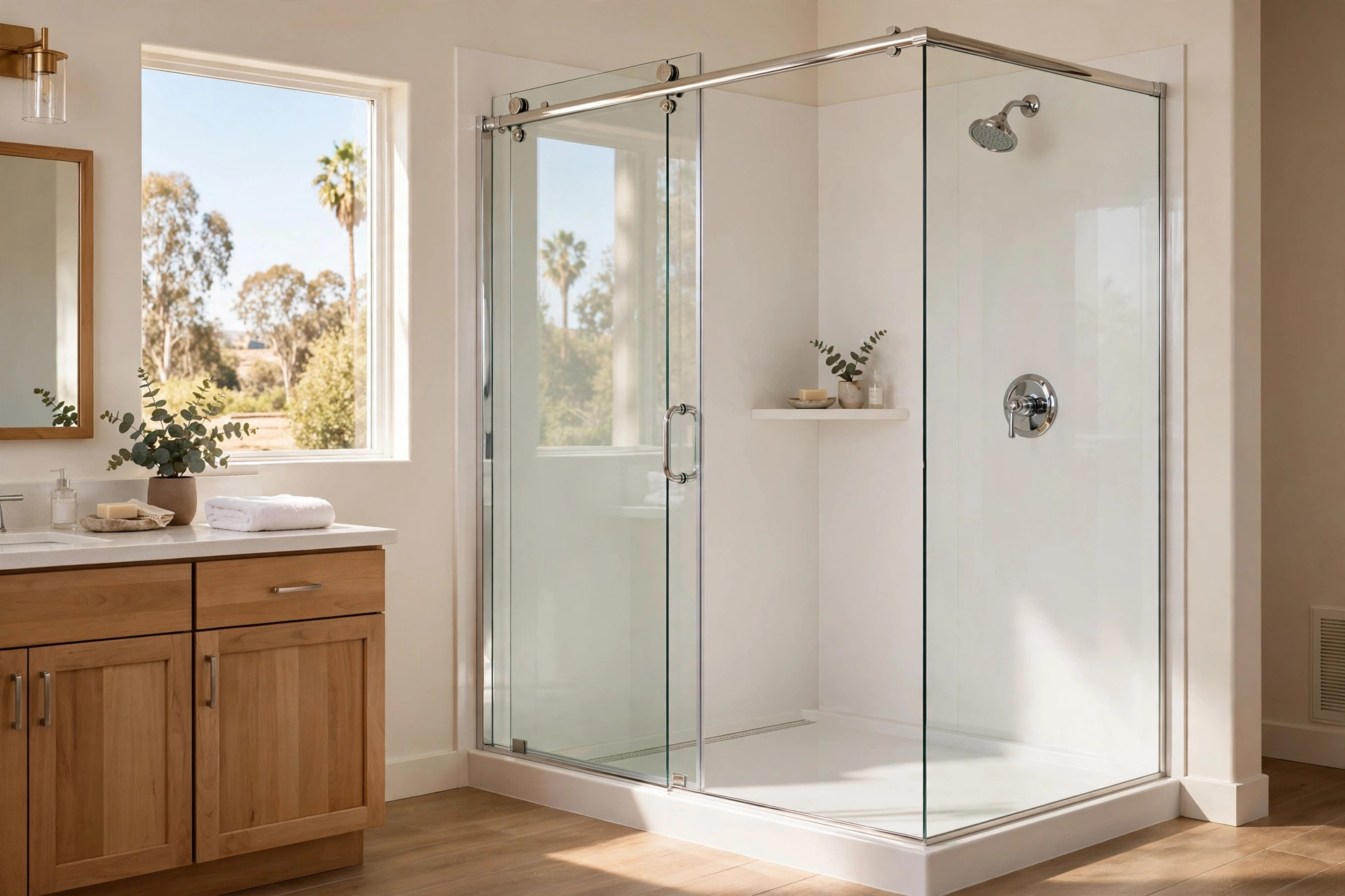 walk in shower kits california homes usa: Walk-in shower kit installed in a California home bathroom