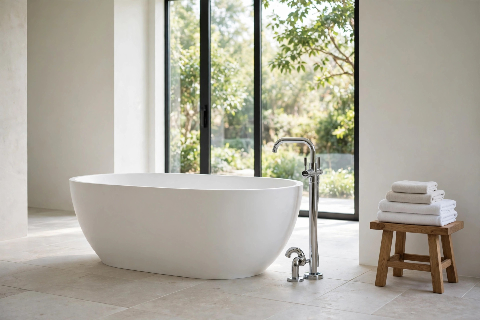 freestanding soaking tubs california homes usa: Freestanding soaking tub in a bright California bathroom