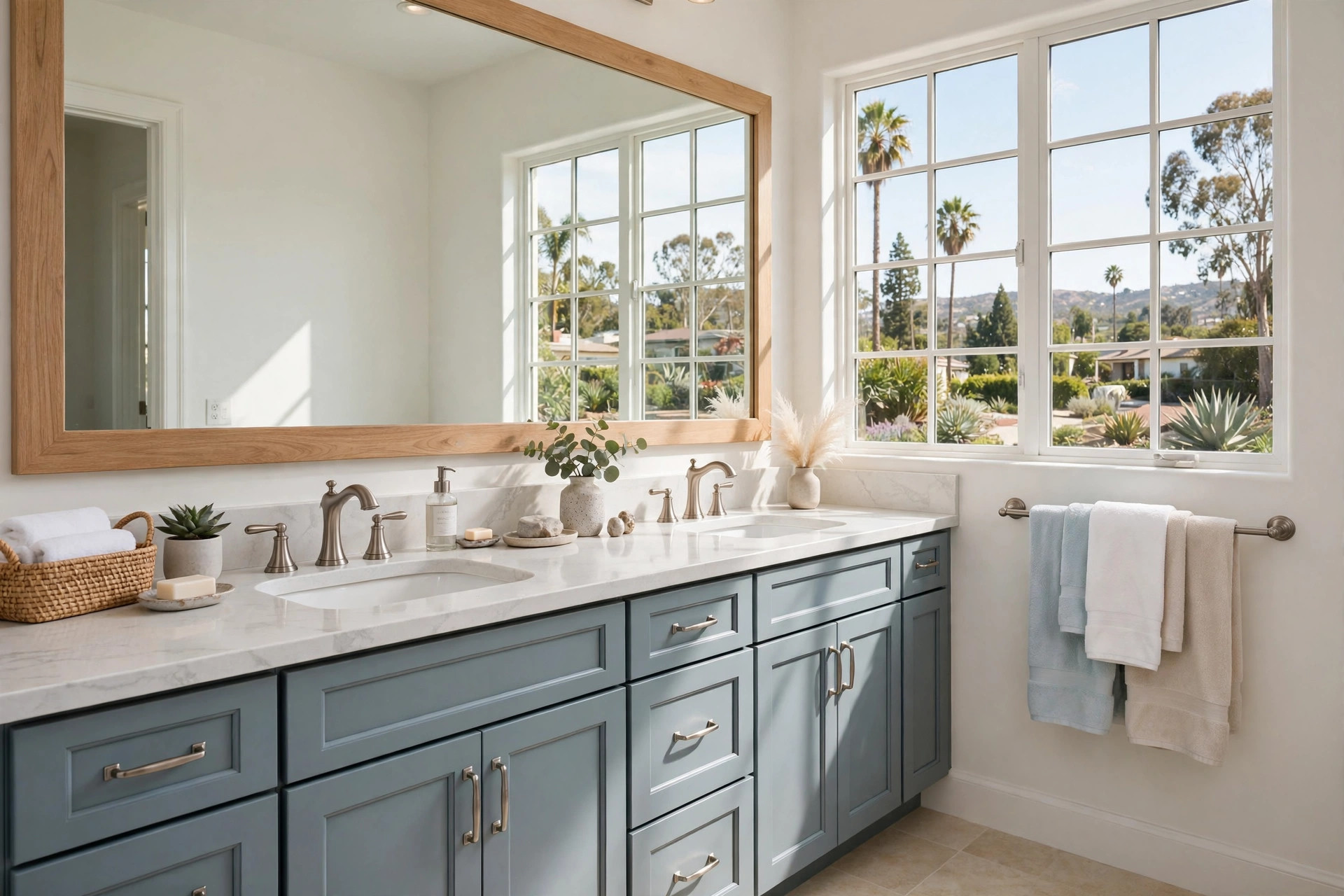 bathroom sink vanities california homes usa: Double-sink bathroom vanity with white stone top in a bright California bathroom