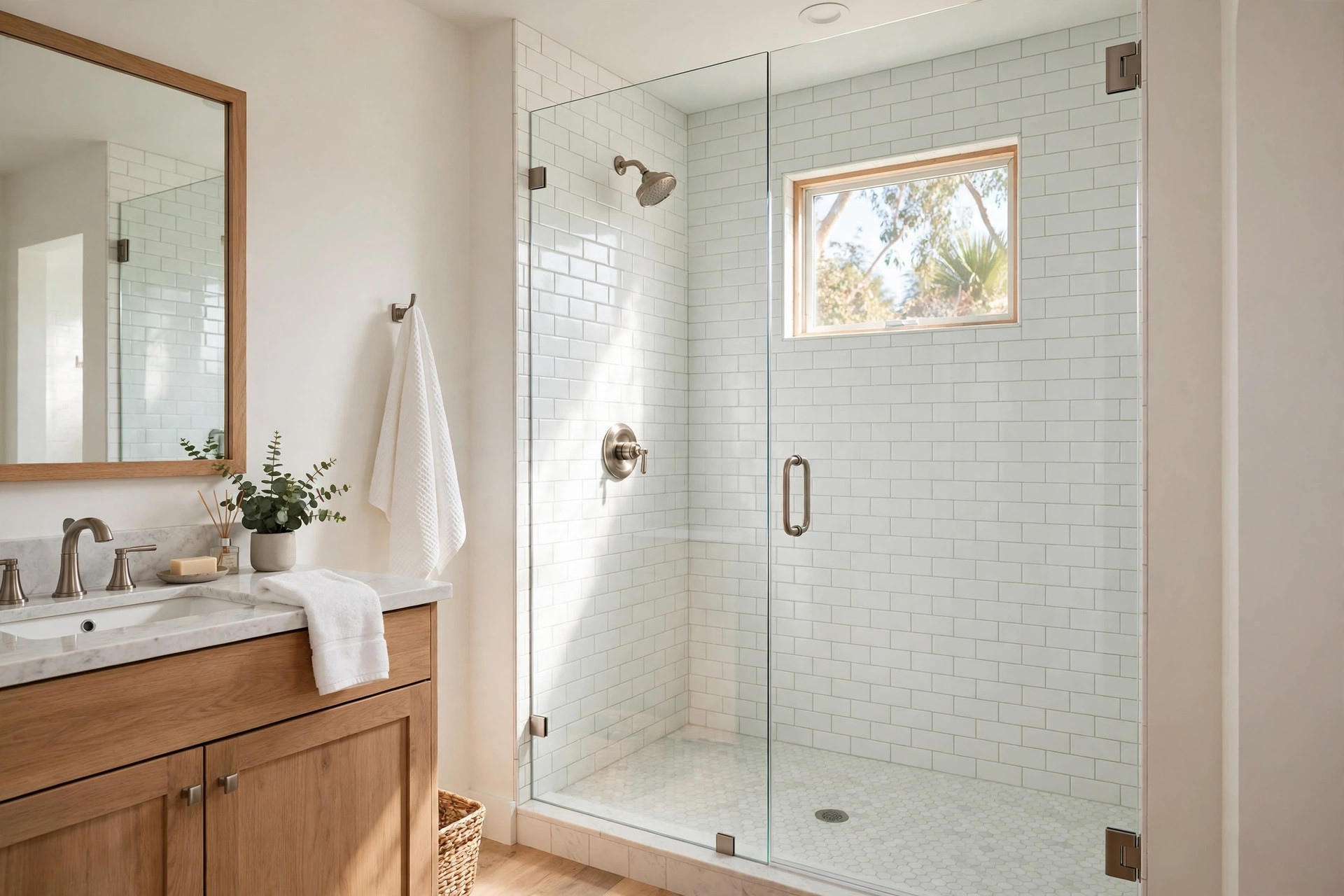 frameless shower doors california homes usa: Frameless shower doors in a California home bathroom