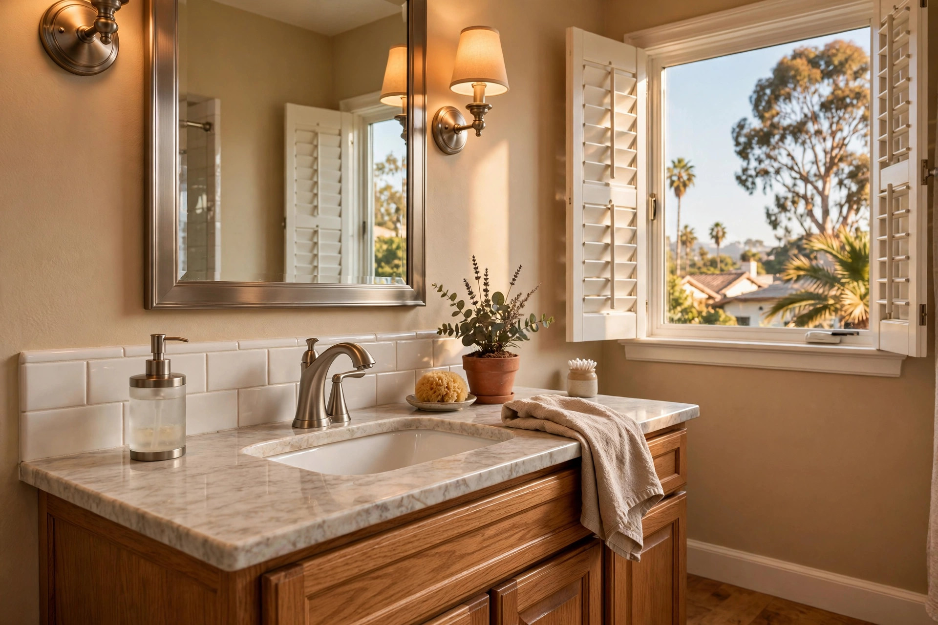 brushed nickel faucets california homes usa: Brushed nickel faucet on a bathroom sink in a California home