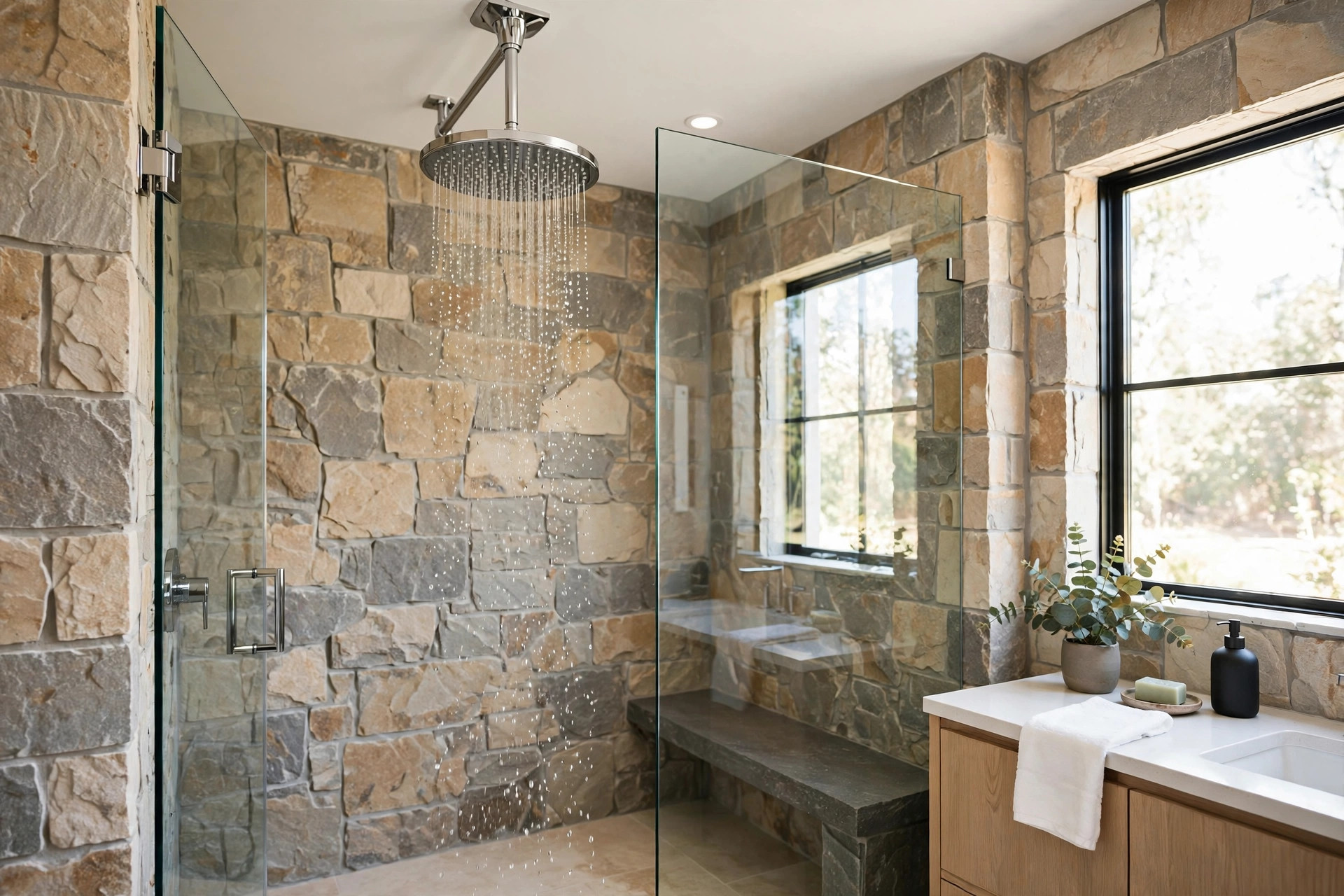 rain shower heads california homes usa: Rain shower head mounted over a tiled shower in a California home