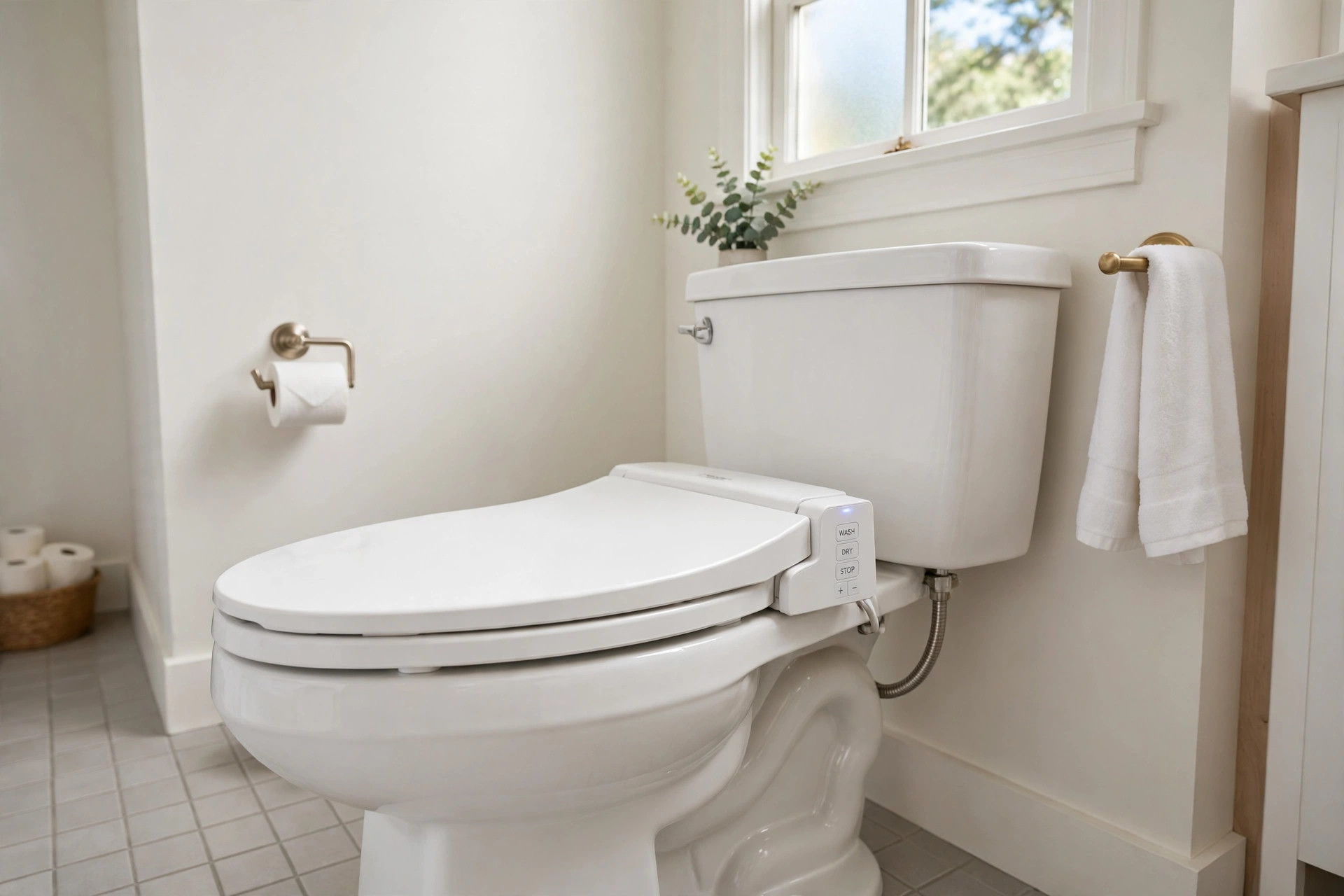 bidet toilet seats california homes usa: A bidet toilet seat installed in a California home bathroom