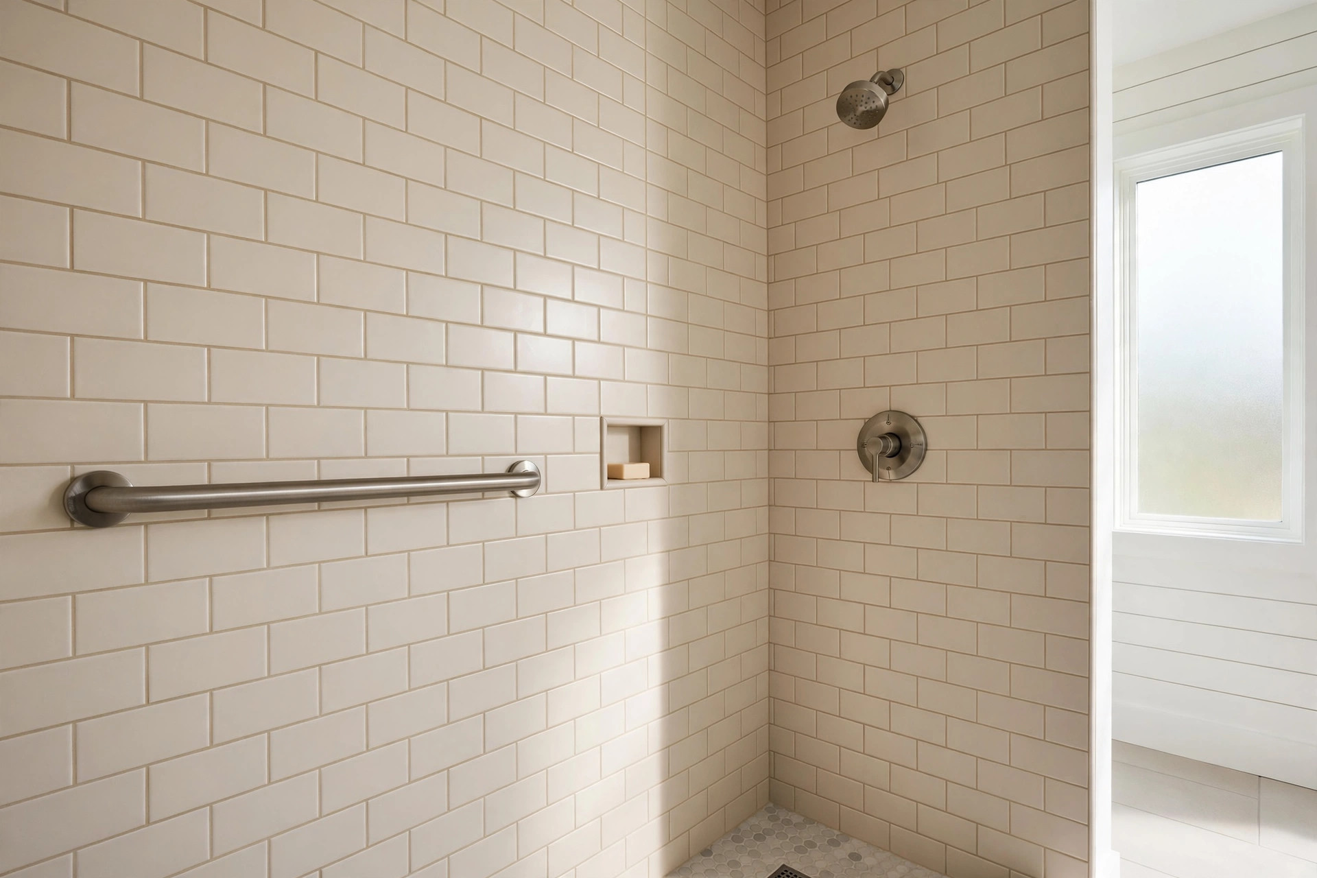A shower with a stainless steel grab bar beside the soap dish in shower grab bars california homes usa