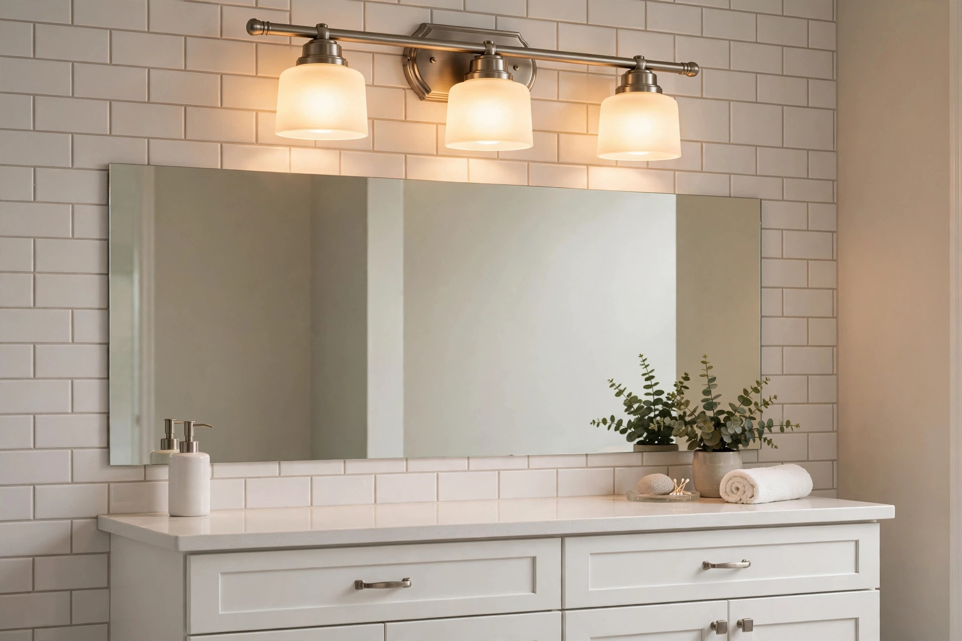 bathroom vanity light bars california homes usa: Bathroom vanity light bar above a mirror in an American home