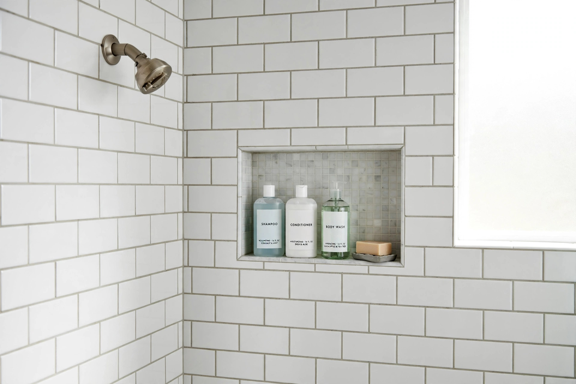 shower niche inserts california homes usa: Shower niche inserts in a tiled California shower