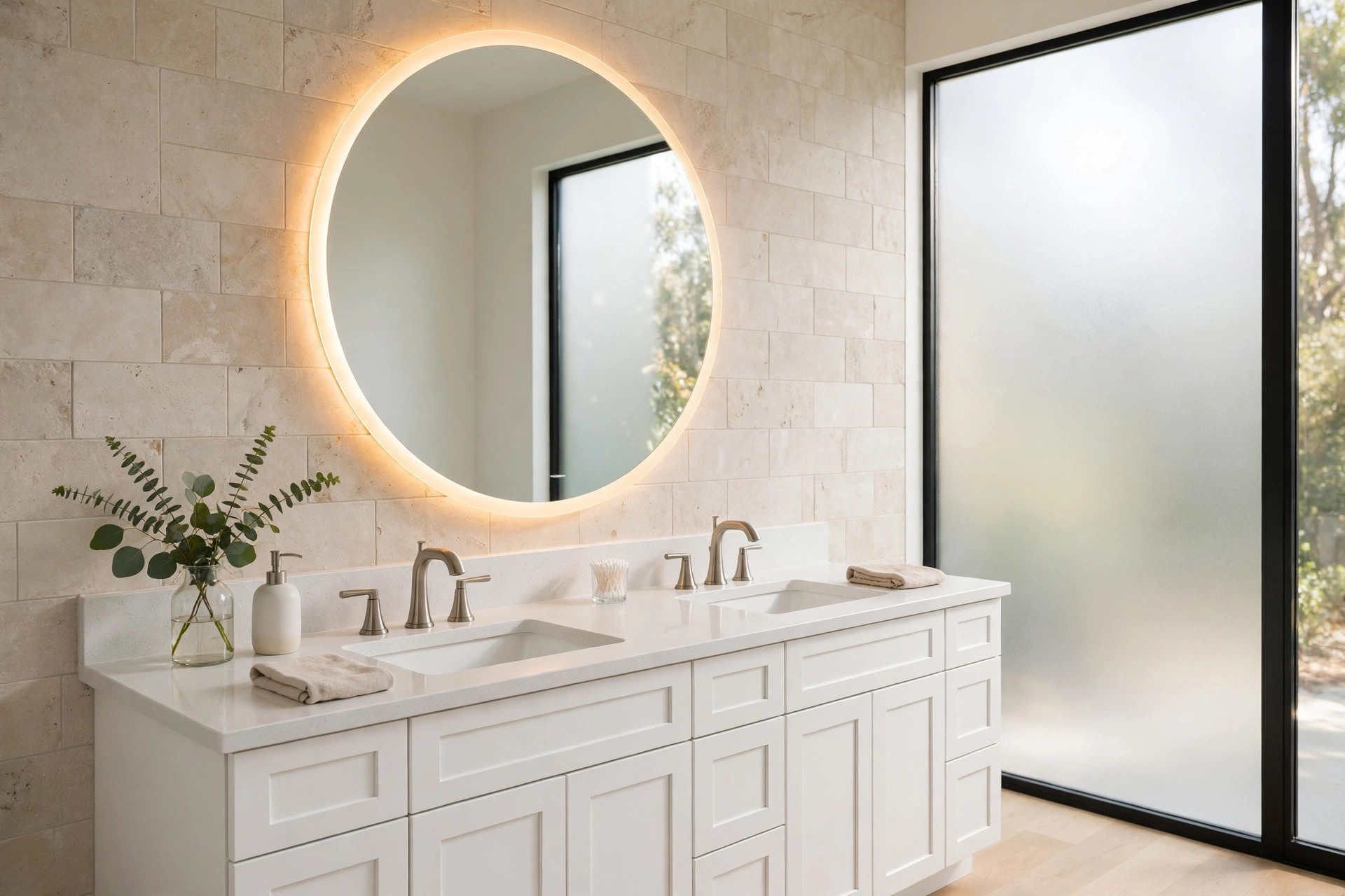 led bathroom mirrors california homes usa: LED bathroom mirror glowing in a California home bathroom
