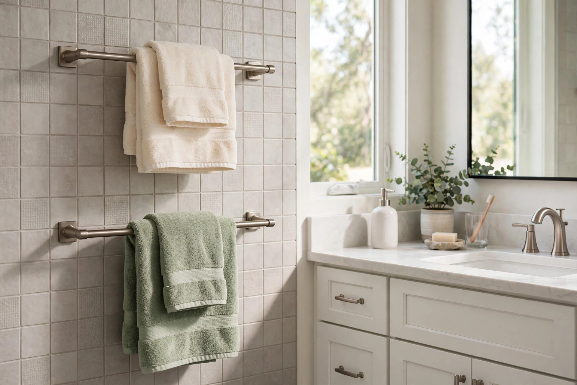 brushed towel holders california homes usa: Brushed metal towel holders mounted on a bathroom wall with folded towels
