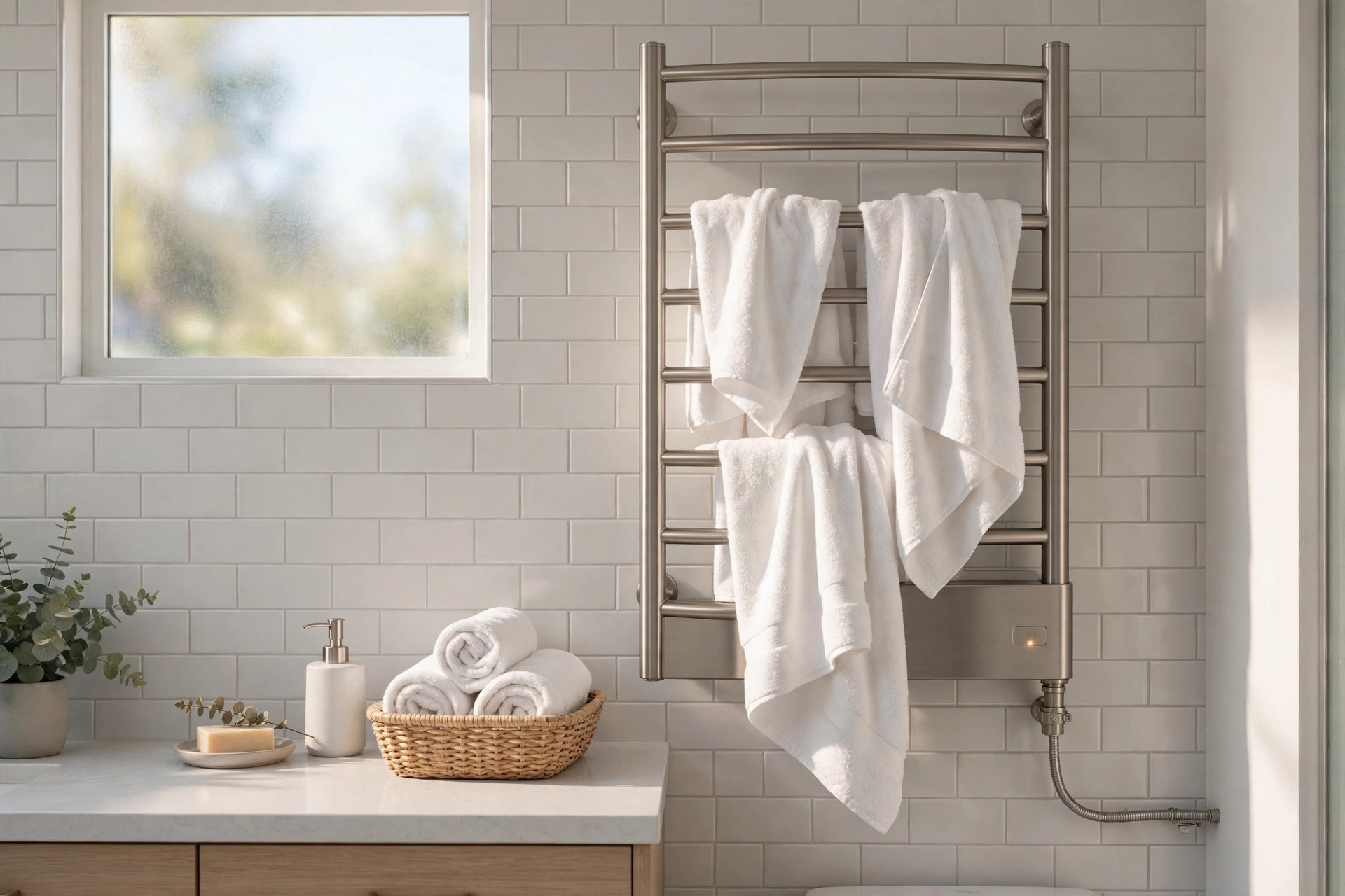 bathroom towel warmers california homes usa: Warm towels on a wall-mounted heated towel rail in a bright California bathroom