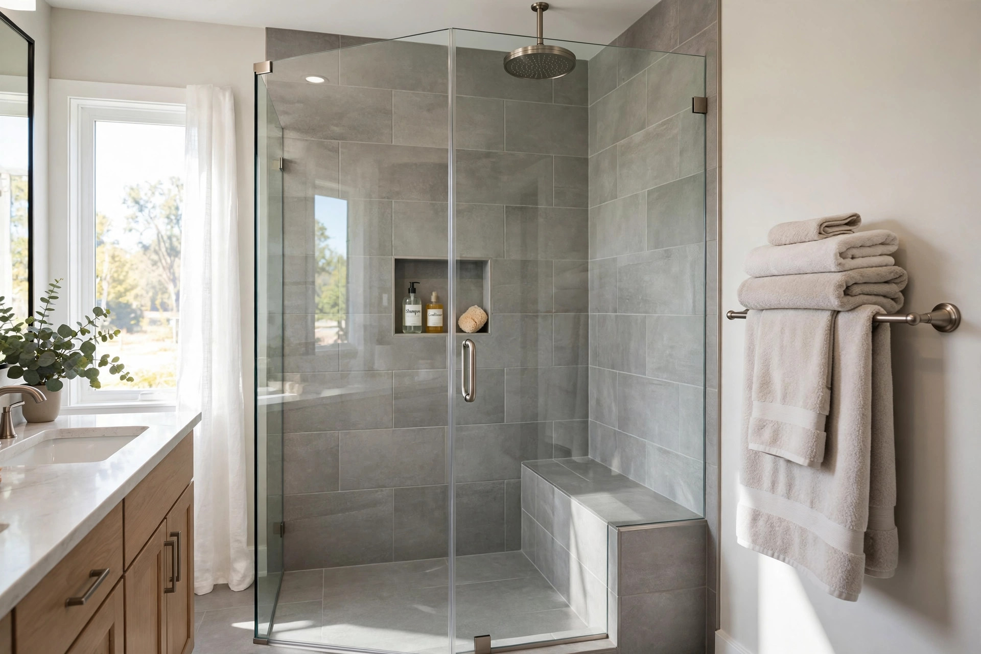 walk in shower kits american homes guide: Walk-in shower kit installed in an American home bathroom