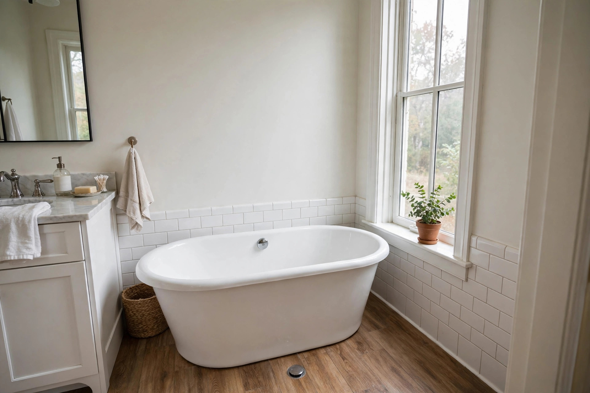 freestanding soaking tubs american homes guide: A freestanding soaking tub in an American home bathroom