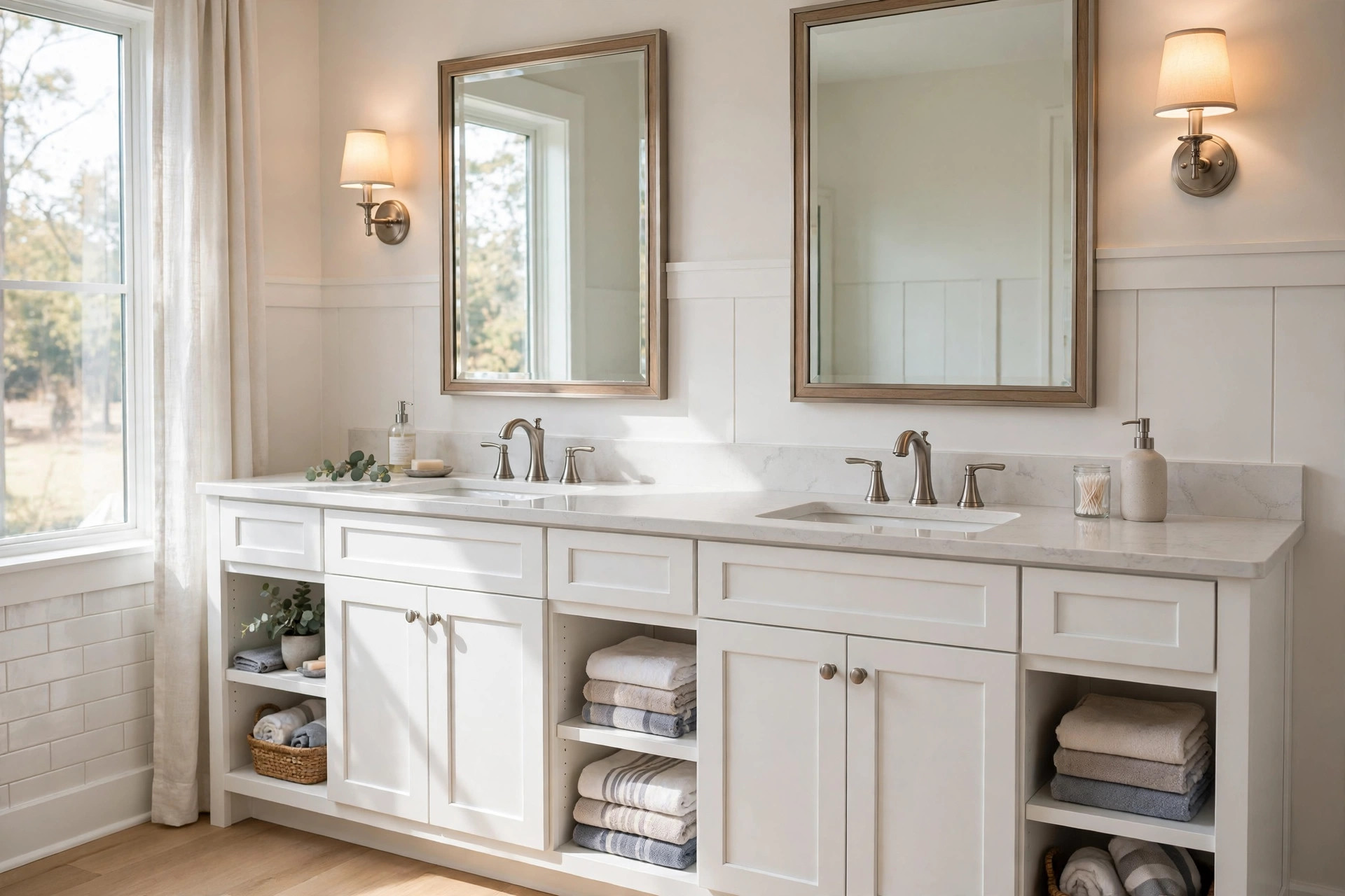 double sink vanities american homes guide: Double sink vanity in a bright American bathroom