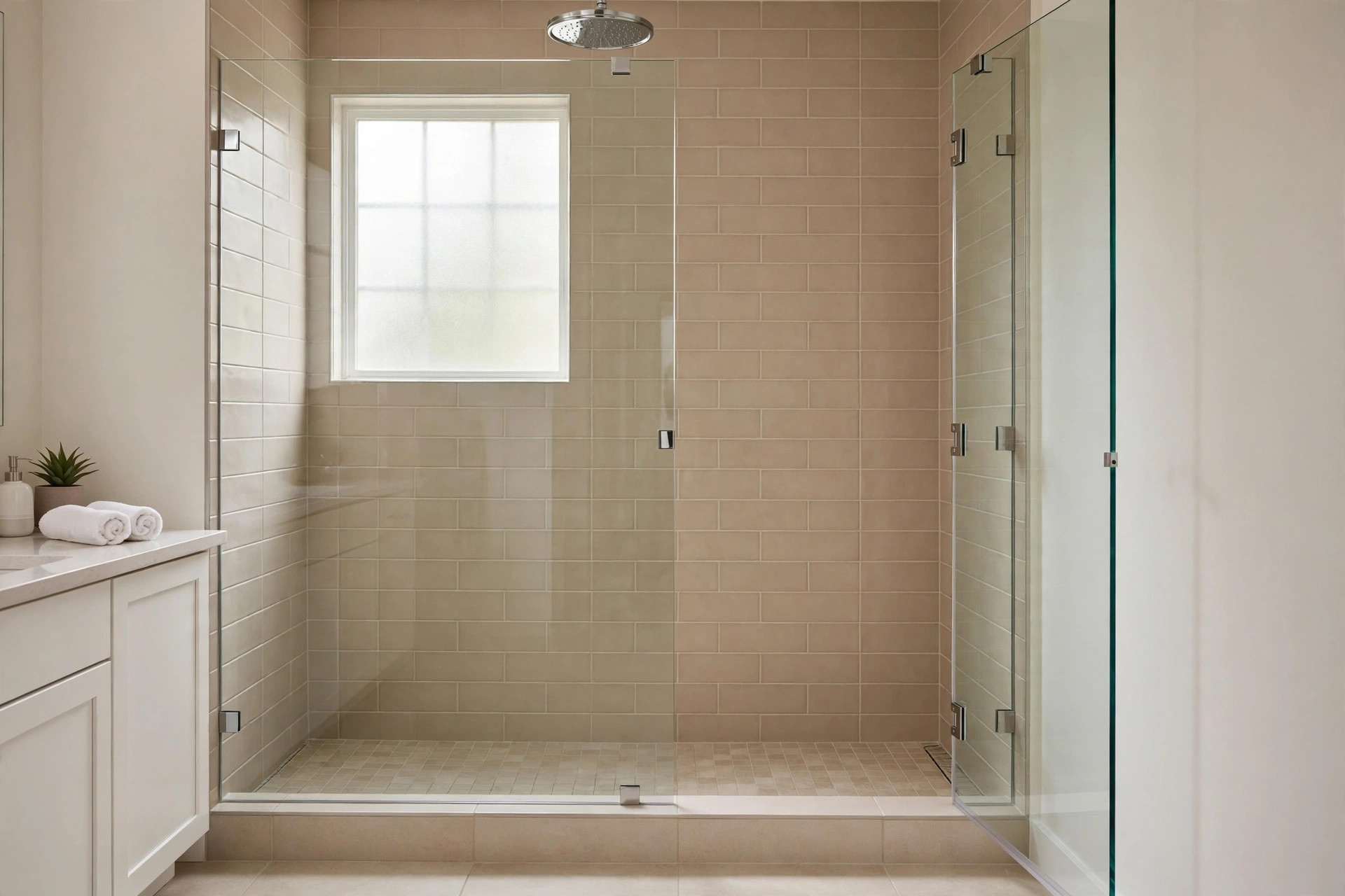 frameless shower doors american homes guide: Frameless glass shower door in a modern American bathroom