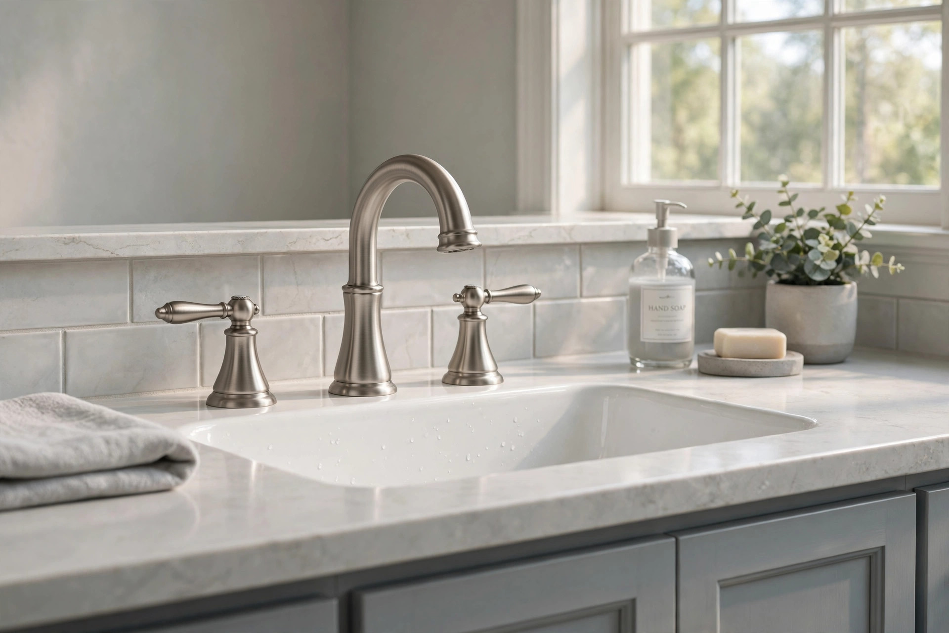 brushed nickel faucets american homes guide: Brushed nickel bathroom faucet in an American home