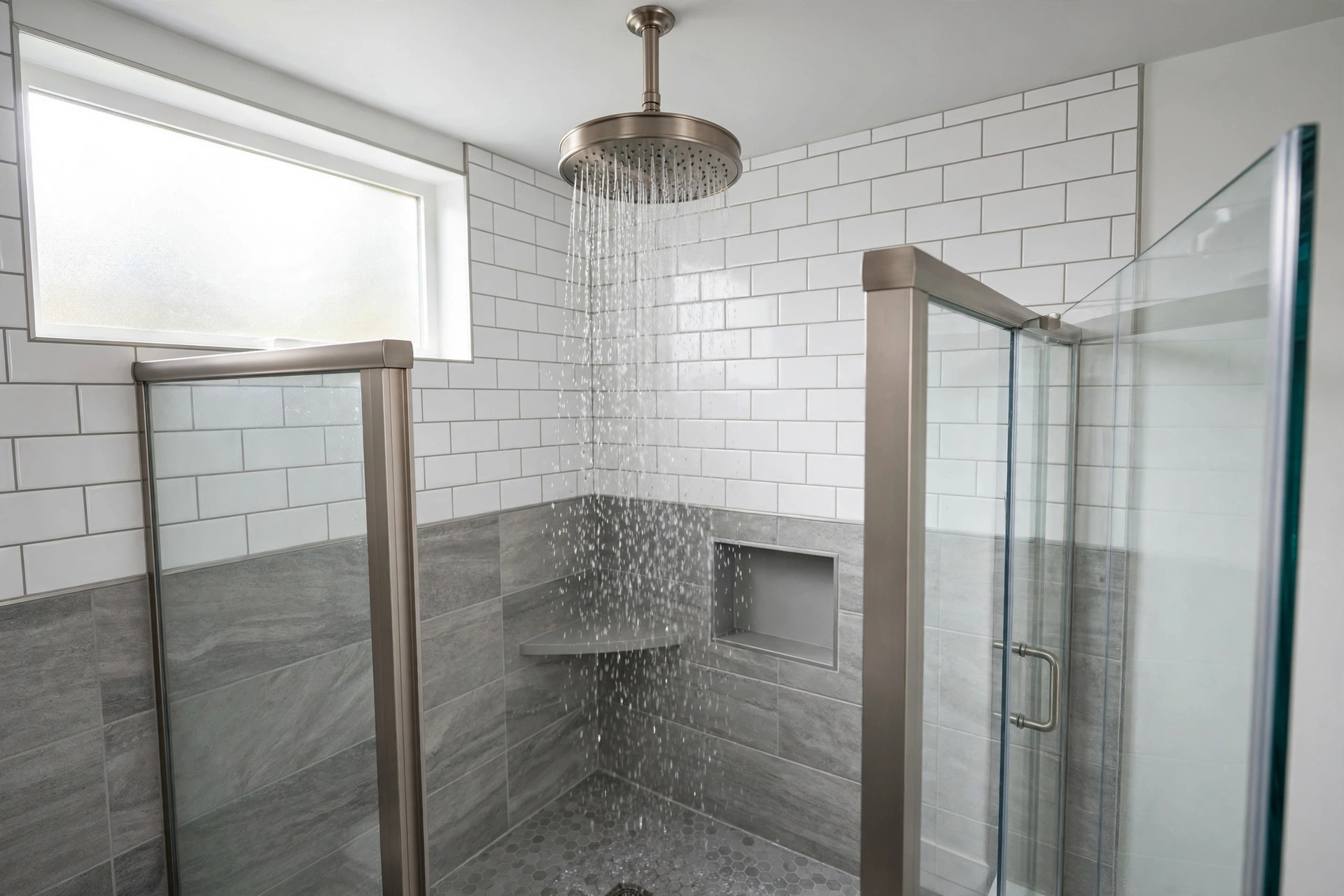 rain shower heads american homes guide: Rain shower head mounted above a tiled shower in an American bathroom